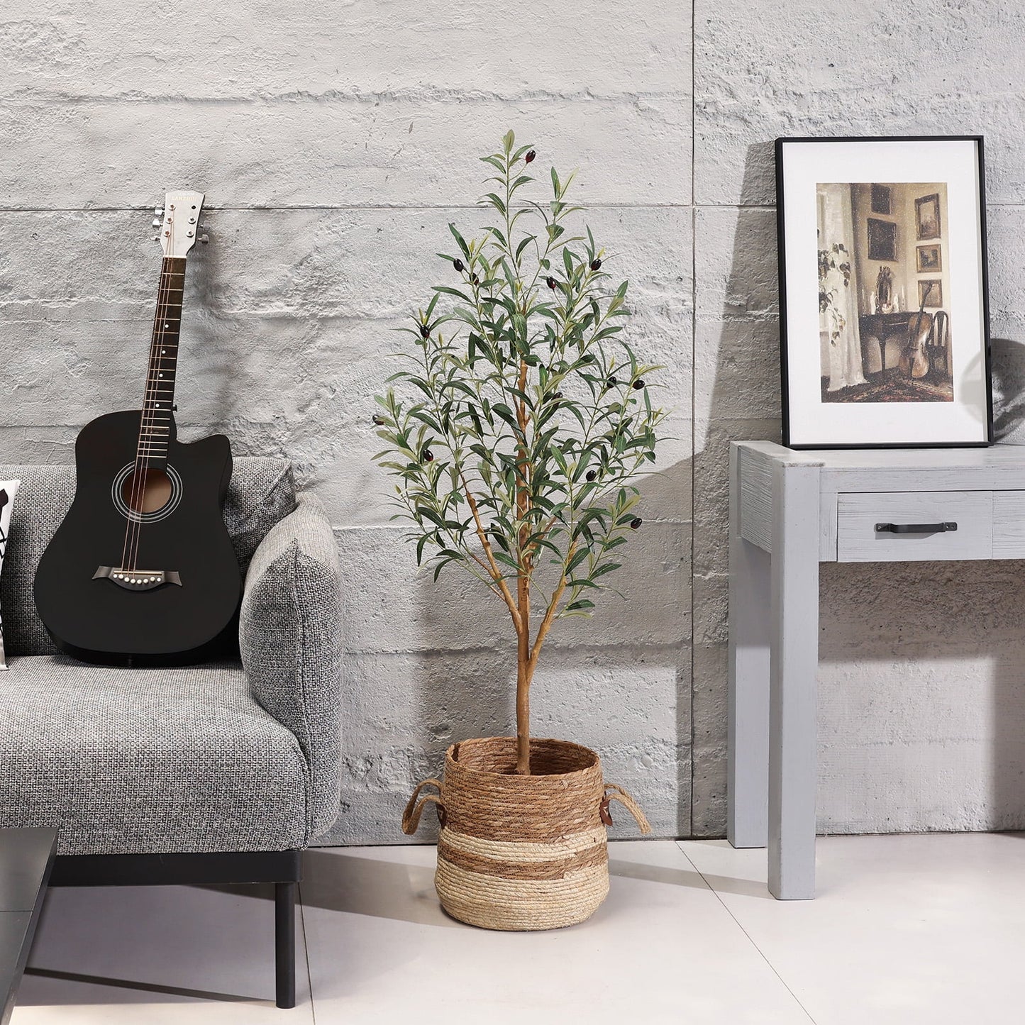 DR.Planzen Exquisite Artificial Olive Tree 4 ft Indoor Outdoor, Tall Faux Olive Tree in Black Plastic Pot, Artificial Plants with Natural Wood Trunk and Lifelike Fruits for Home Office Garden Decor