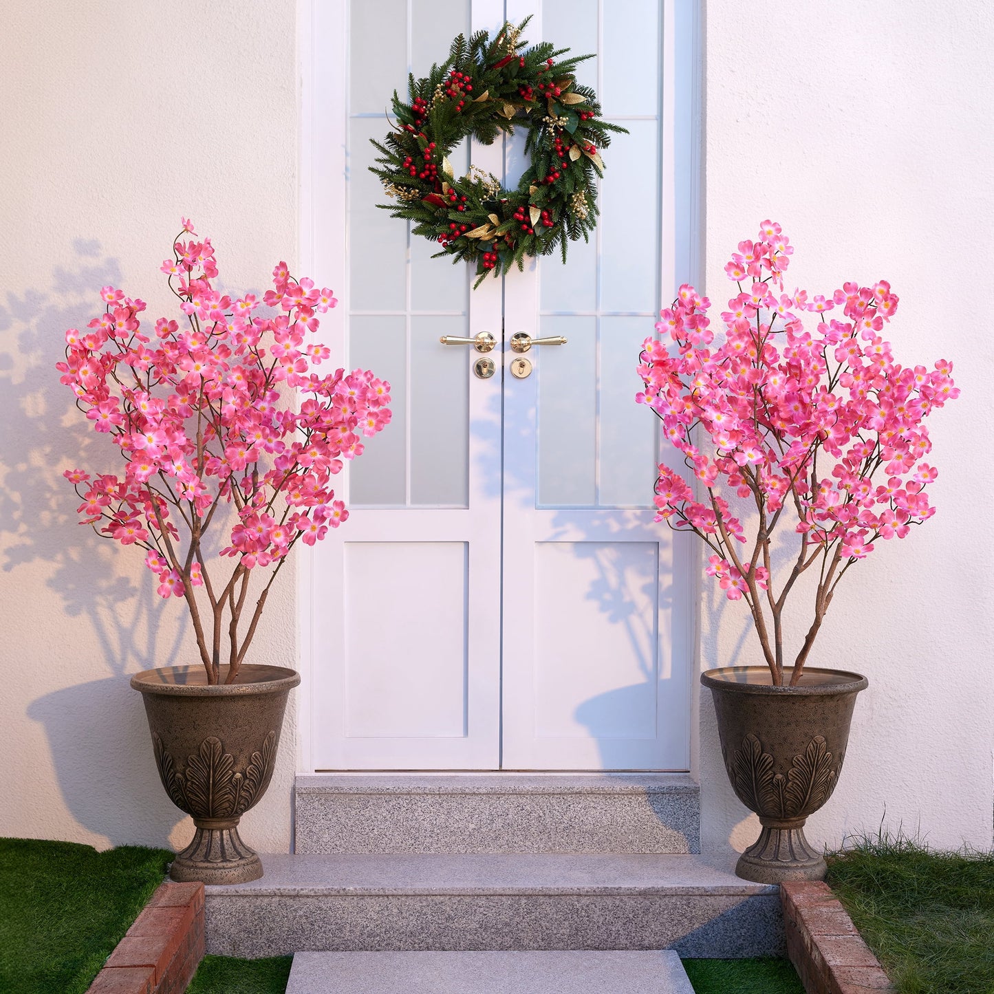 DR.Planzen 2 Pack 4ft Red Artificial Dogwood Tree, Lifelike Faux Dogwood Flower Tree with Green Leaves for Home Decor Indoor Outdoor, Spring Decoration for Living Room Office