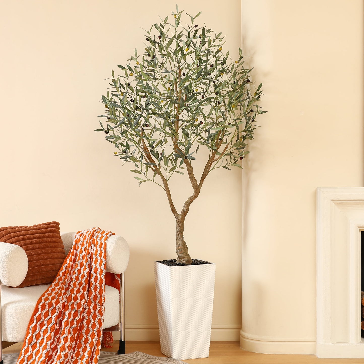 7ft UV Resistant Fake Olive Tree with White Tall Planter, Pre Potted Artificial Olive Tree for Indoor Outdoor Home Decor, Big Faux Plants Fake Plants for Office House Decor
