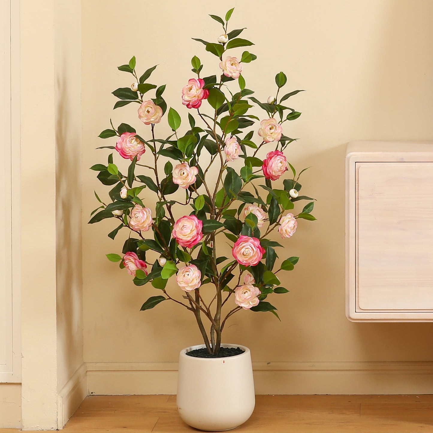 4ft Artificial Pink Camellia Tree with 9 inch White Planter, Tall Fake Camellia Trees with Pink Flowers, Faux Camellia Silk Plants for Indoor, Large Plants for Home Decor