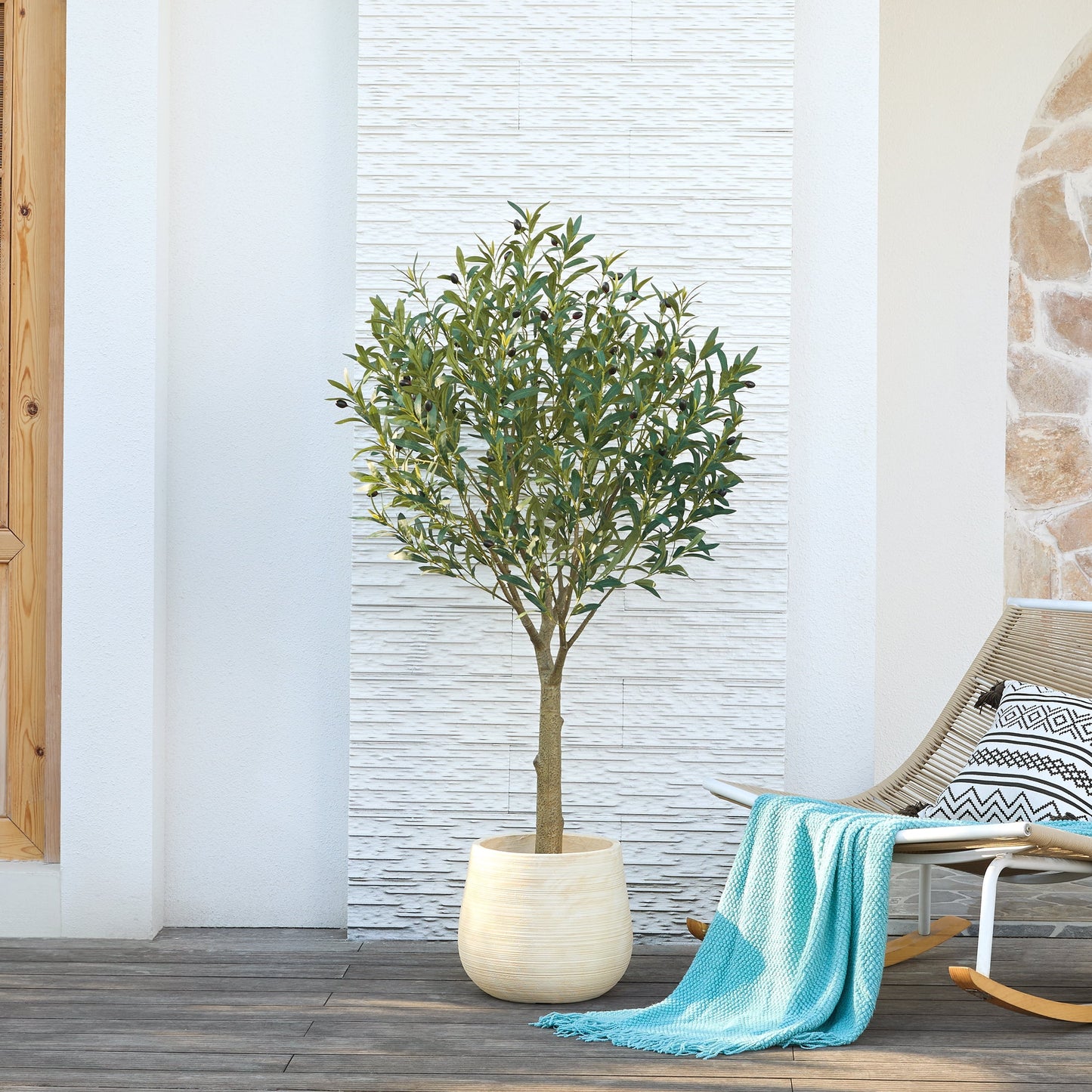 DR.Planzen 5ft Dense Artificial Olive Tree - Faux Olive Plant for Indoor & Outdoor Decor - Adjustable Branches - UV Resistant Realistic Olive Tree with Black Plastic Pot