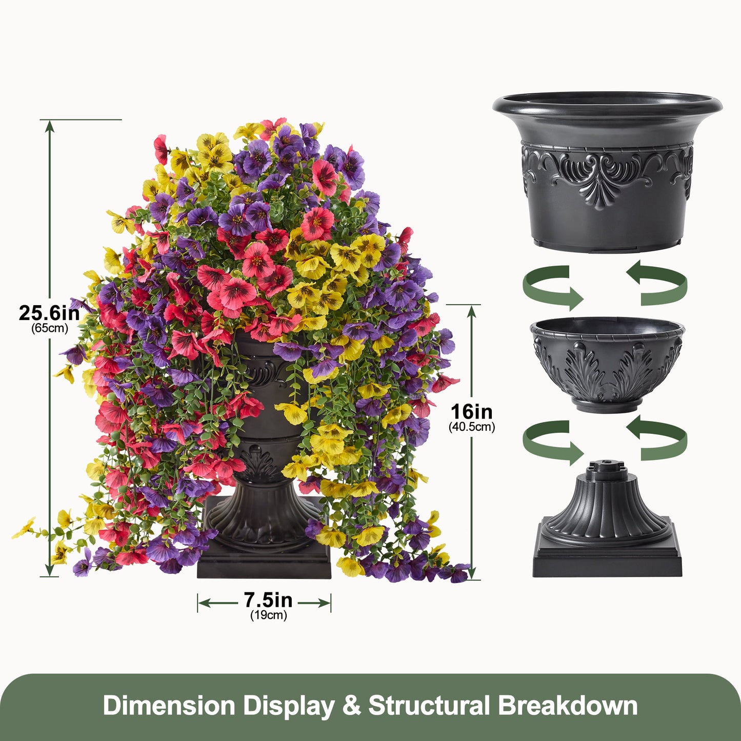 26in Artificial Pansy Flowers, Faux Hanging Flowers, Fake Outdoor Flowers, Pansy Arrangement - 660 Blooms in Black Urn Planter - Spring Decor for Covered Porch Patio Entryway