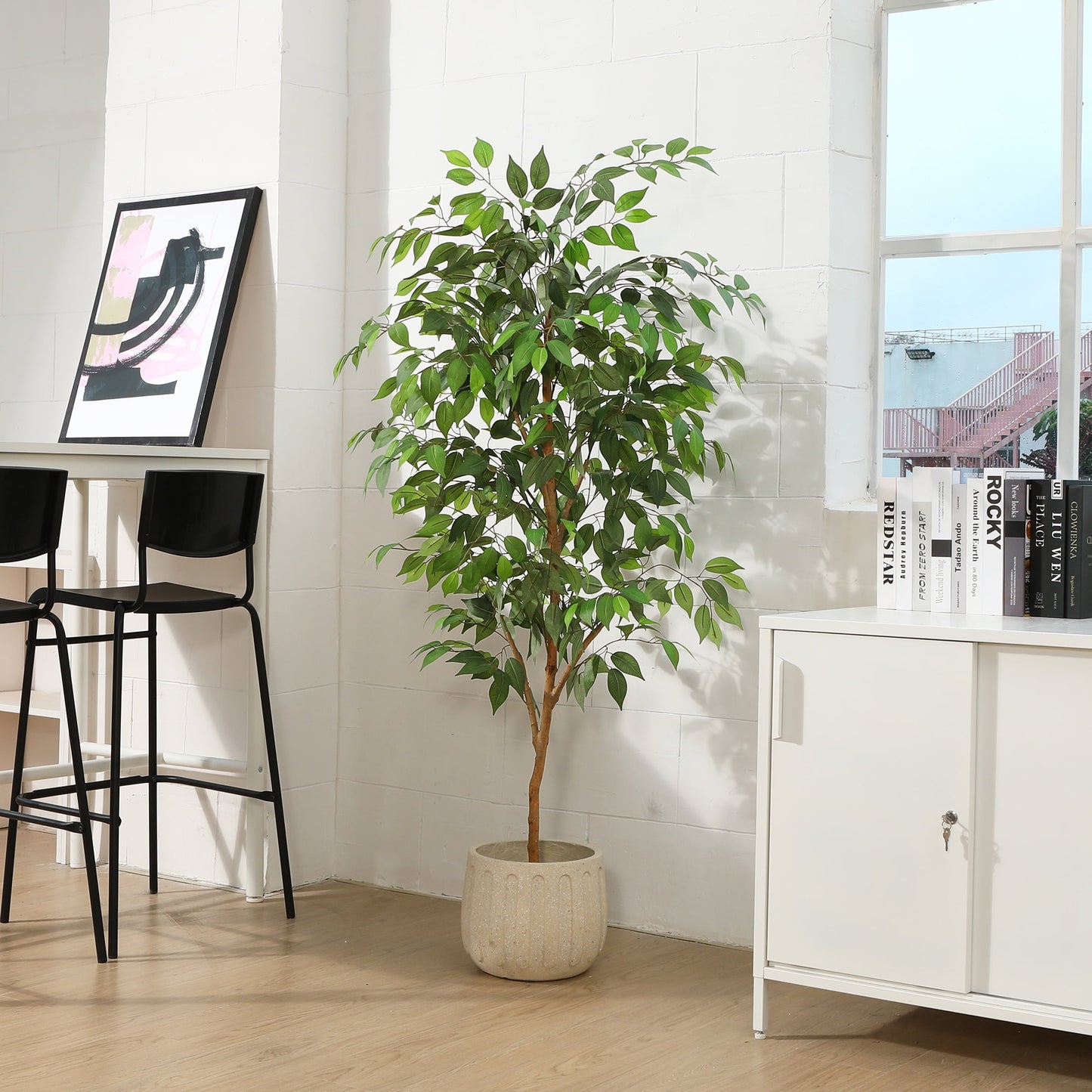 5FT Tall Artificial Ficus Tree with Natural Wood Trunk and Lifelike Leaves, Silk Fake Potted Tree with Wood Branches, Faux Tree for Office Home Decor