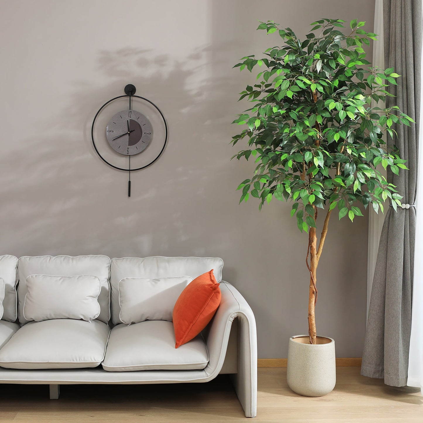 7 Feet Artificial Ficus Tree - Fake Silk Plants with Lifelike Leaves and Natural Wood Trunk - Faux Potted Tree for Indoor Home Decor
