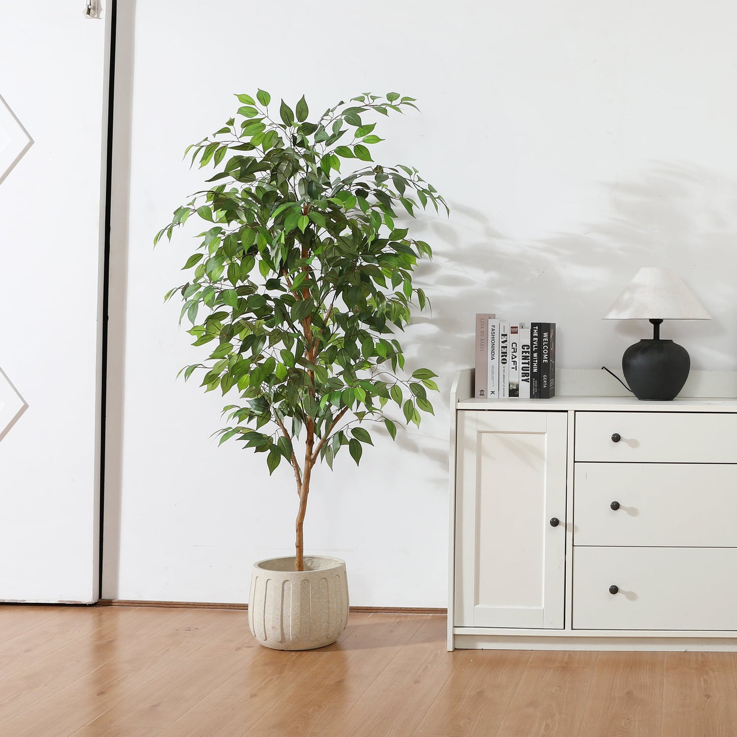 5FT Tall Artificial Ficus Tree with Natural Wood Trunk and Lifelike Leaves, Silk Fake Potted Tree with Wood Branches, Faux Tree for Office Home Decor