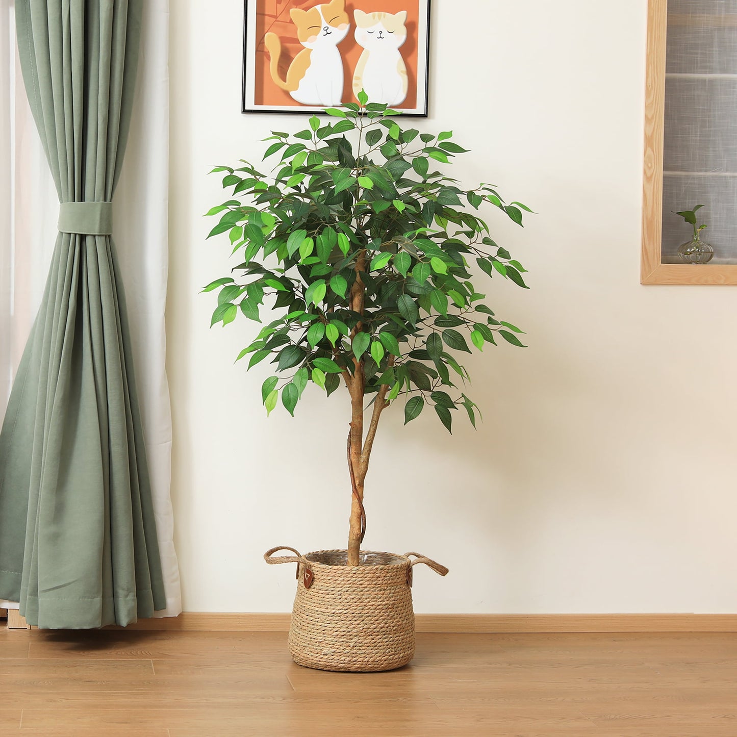 5 Feet Artificial Ficus Tree - Fake Silk Plants with Lifelike Leaves and Natural Wood Trunk - Faux Potted Tree for Indoor Home Decor