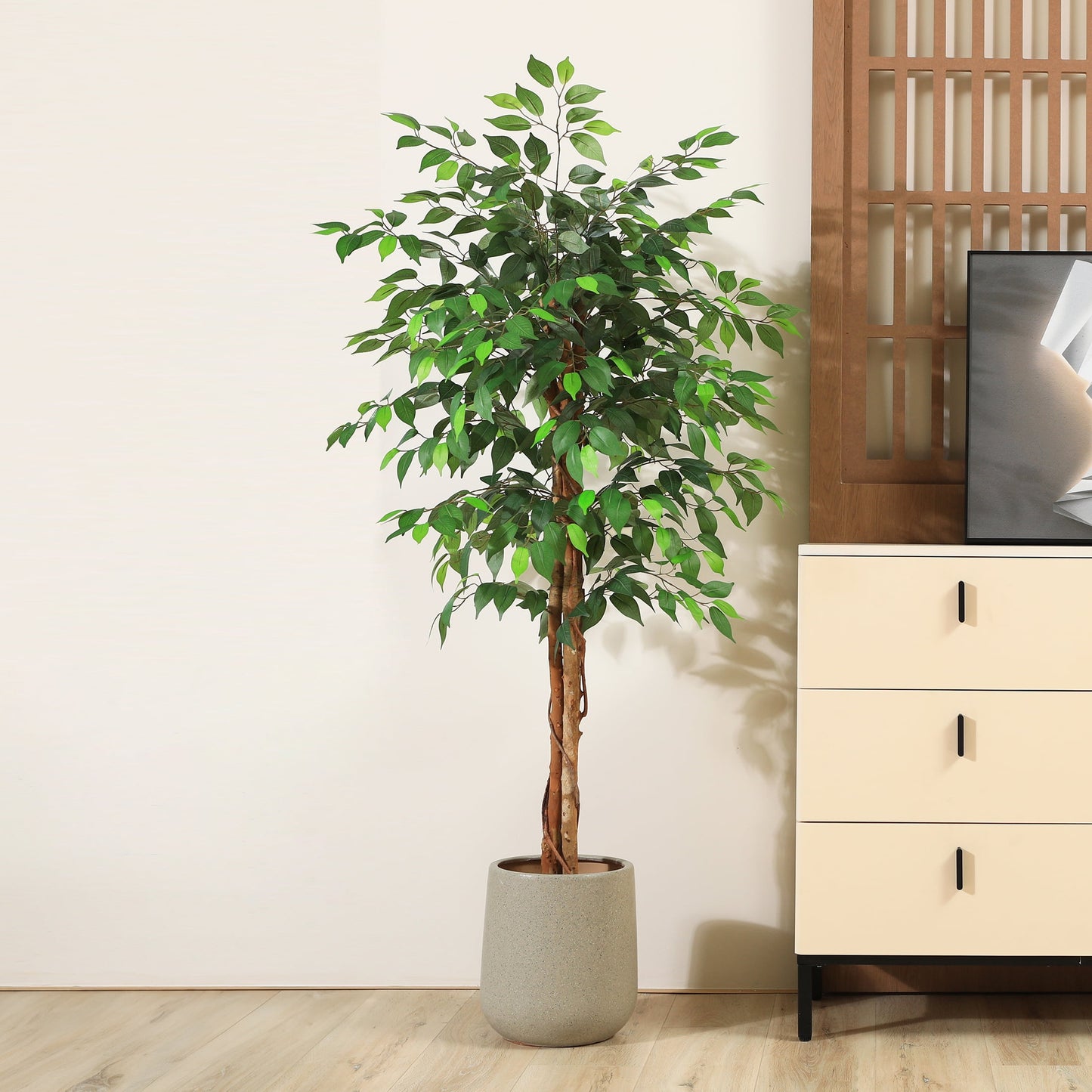 5ft Artificial Ficus Tree with Natural Wood Trunk, Silk Fake Ficus Tree in Plastic Nursery Pot, Faux Plant for Office Home, Indoor Outdoor Decor, 1 Pack