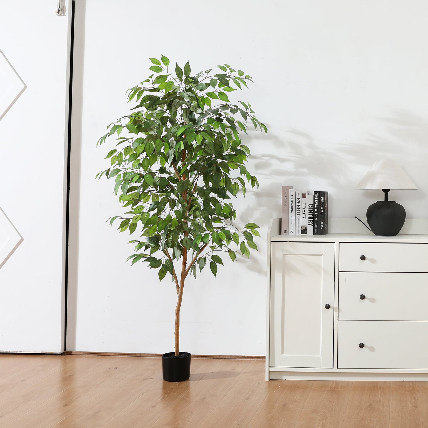 5FT Tall Artificial Ficus Tree with Natural Wood Trunk and Lifelike Leaves, Silk Fake Potted Tree with Wood Branches, Faux Tree for Office Home Decor