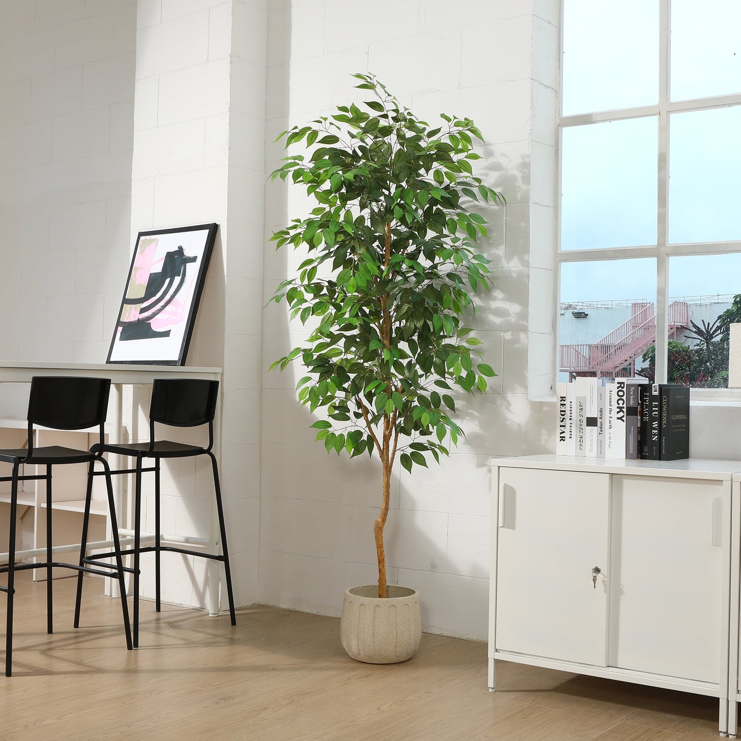 7FT Tall Artificial Ficus Tree with Natural Wood Trunk and Lifelike Leaves, Silk Fake Potted Tree with Wood Branches, Faux Tree for Office Home Decor
