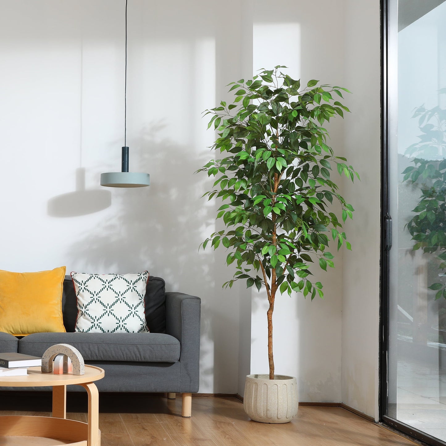 6FT Tall Artificial Ficus Tree with Natural Wood Trunk and Lifelike Leaves, Silk Fake Potted Tree with Wood Branches, Faux Tree for Office Home Decor