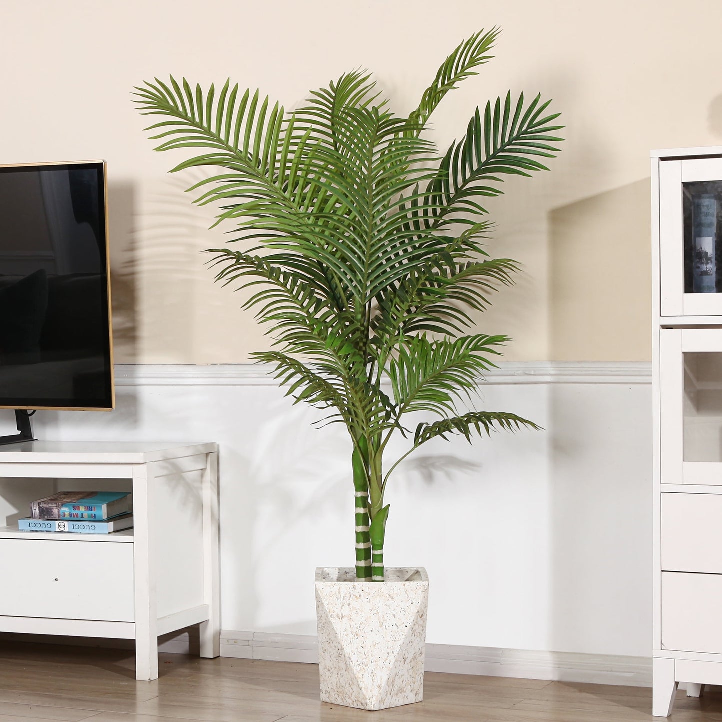 Artificial Golden Cane Palm Plants 5 Feet Fake Tree for Home Decor Indoor Outdoor Faux Areca Palm Tree in Pot for Home Office Perfect Housewarming Gift,Set of 1