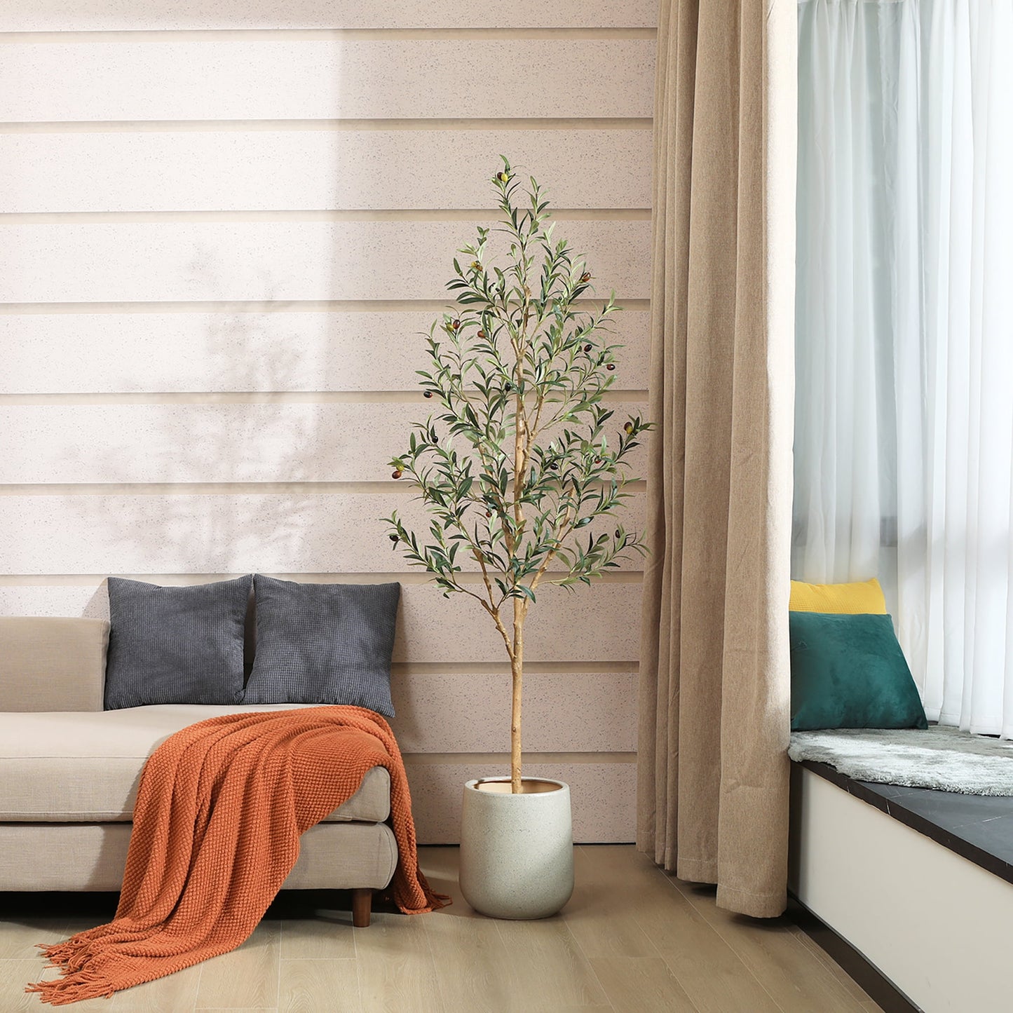 Artificial Olive Tree 6FT Tall Faux Silk Plant for Home Office Decor Indoor Fake Potted Tree with Natural Wood Trunk and Lifelike Fruits