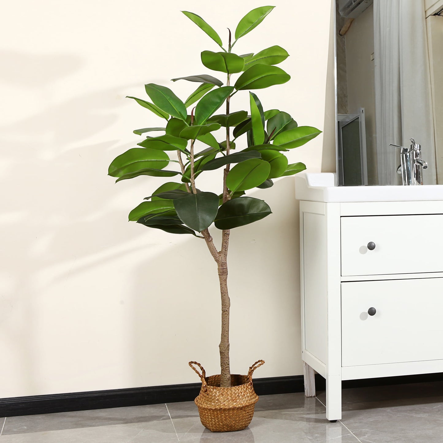 Artificial Rubber Tree, 5 ft Fake Plastic Ficus Plant, Pre Potted Faux Greenry Plants for Home Decor Office House Living Room Indoor Outdoor, House Decorations for Living Room, Big Fake Plants