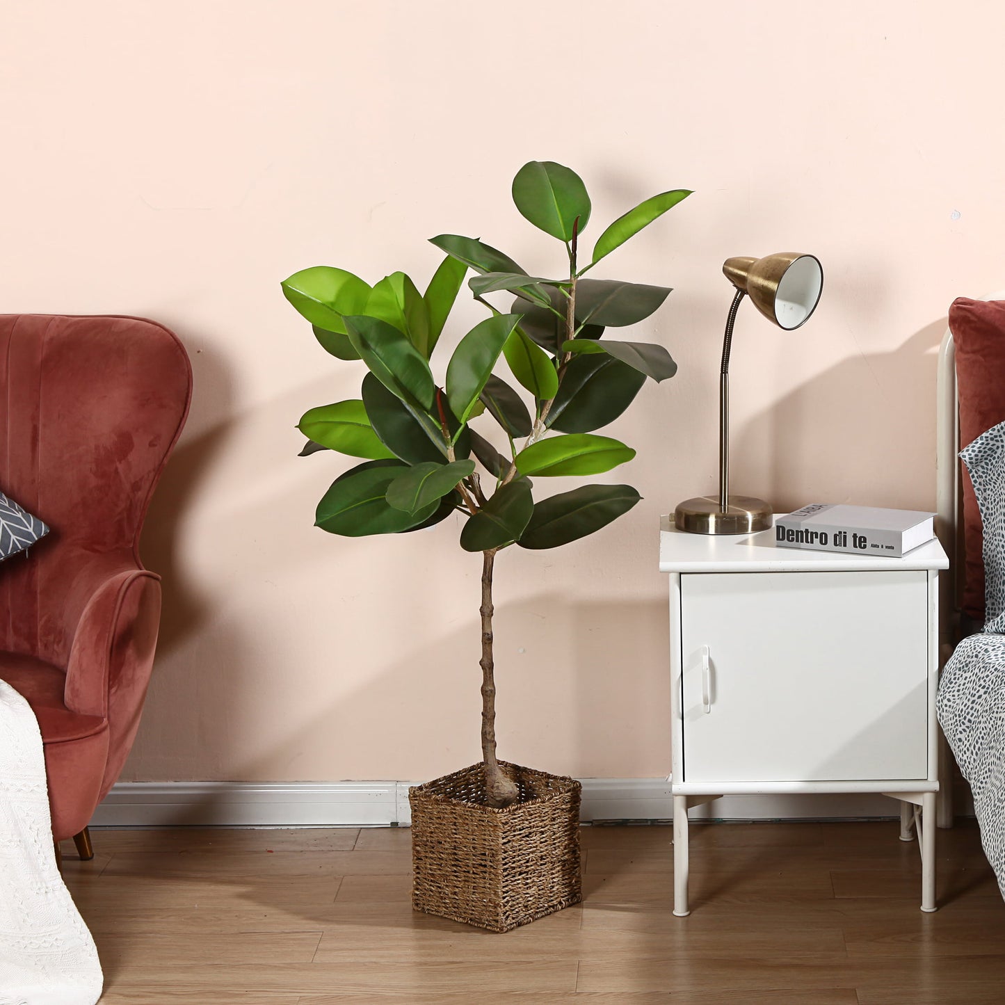 Artificial Rubber Tree, 4 FT Fake Plastic Ficus Plants, Pre Potted Faux Greenry Plants for Home Decor Office House Living Room Indoor Outdoor