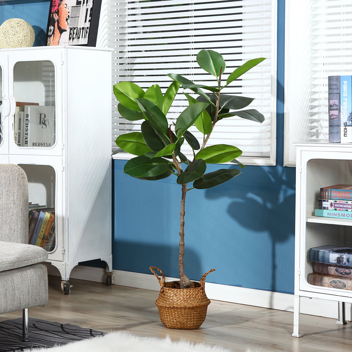 Artificial Rubber Tree, 4 FT Fake Plastic Ficus Plants, Pre Potted Faux Greenry Plants for Home Decor Office House Living Room Indoor Outdoor
