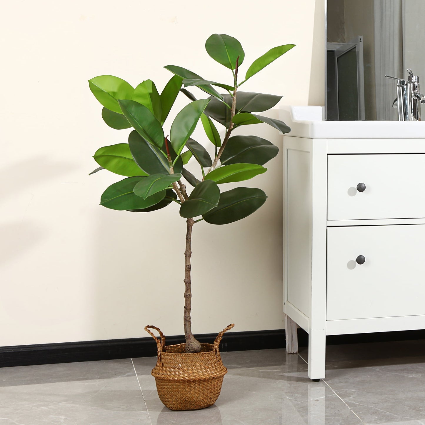 Artificial Rubber Tree, 4 FT Fake Plastic Ficus Plants, Pre Potted Faux Greenry Plants for Home Decor Office House Living Room Indoor Outdoor