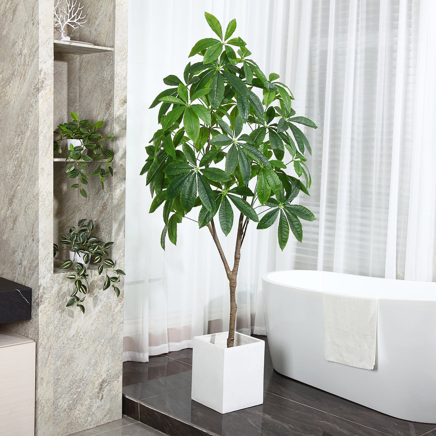 6FT Artificial Plants Pachira Aquatica Money Tree, Fake Plastic Money Plant, Pre Potted Faux Greenry Plant for Home Decor Office House Living Room Indoor Outdoor