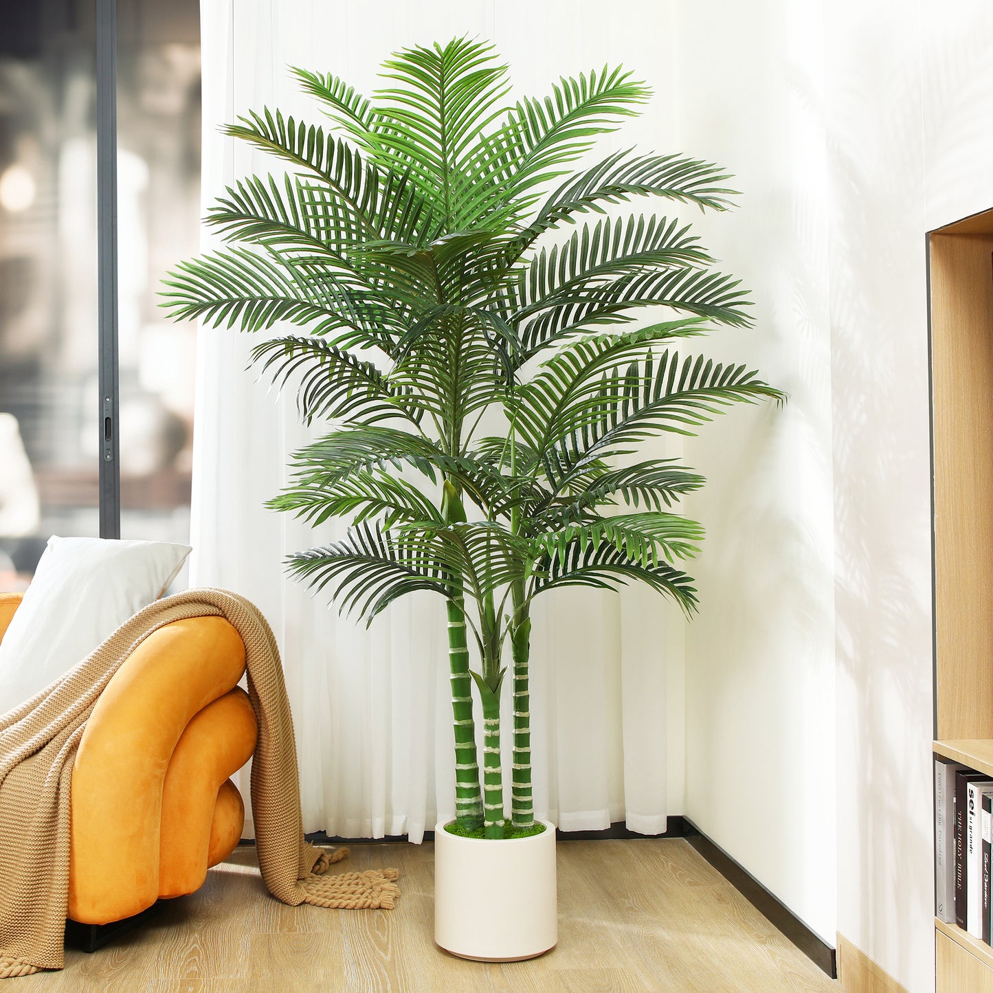 7 ft Artificial Golden Cane Palm Tree with Large White Planter, Faux Palm Plants in Pot