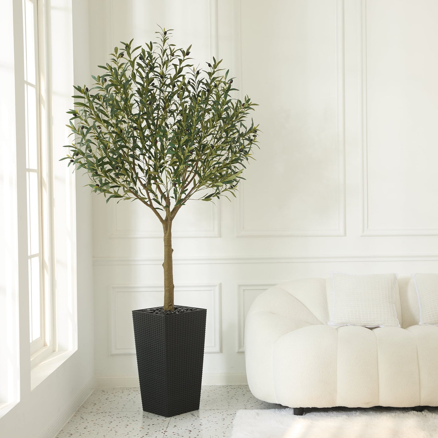 DR.Planzen UV Resistant 7ft Artificial Olive Tree in Black Large Planter with Pebbles¨C Faux Olive Tree for Indoor and Outdoor Decor, Lifelike Greenery for Home & Garden Decor