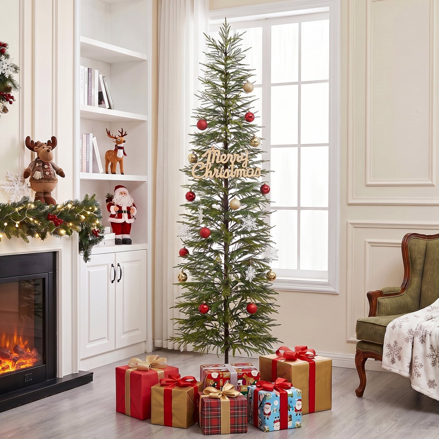 DR.Planzen 7' Unlit Green Cypress Artificial Christmas Tree, Full-Bodied Xmas Tree with Foldable Metal Stand, Easy Assembly Indoor Large Room Holiday Decor