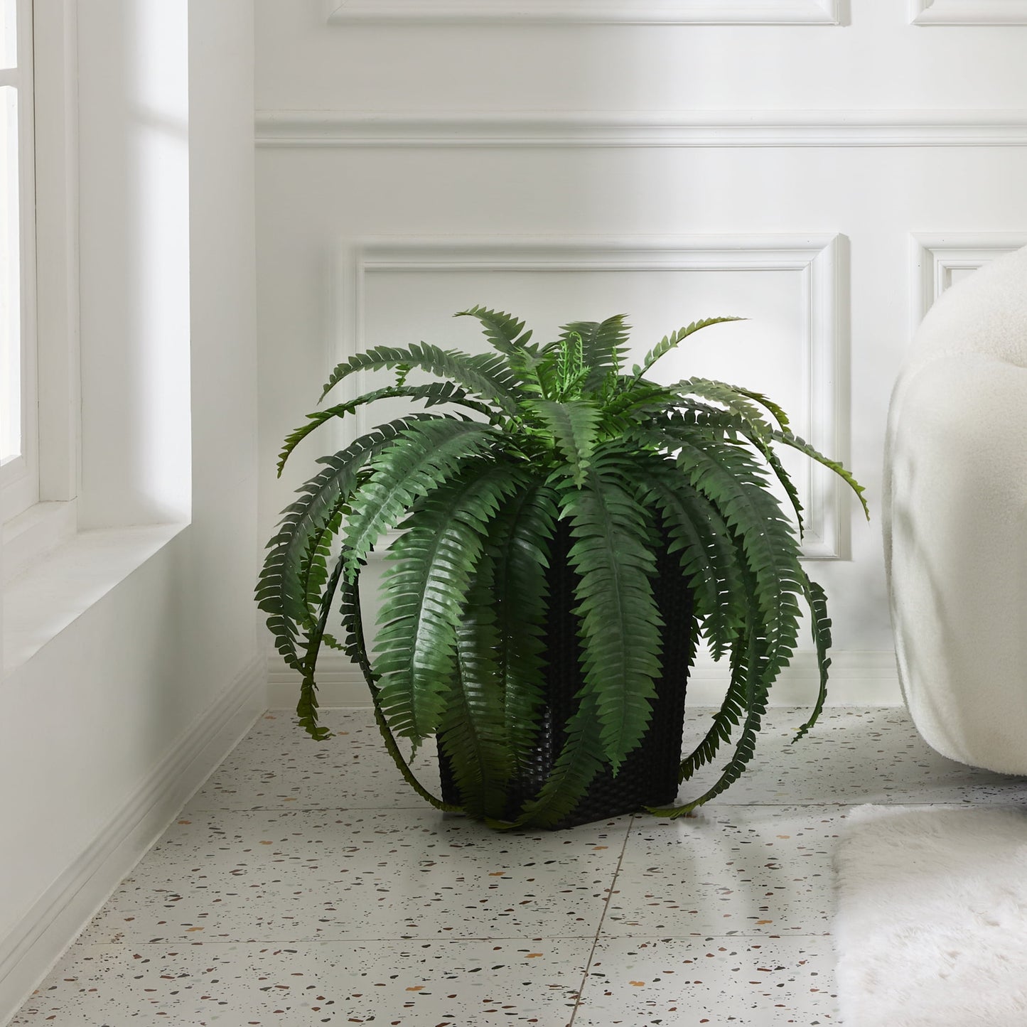 DR.Planzen 2 Pack Artificial Boston Fern Bush Plant with Black Tapered Planter - UV Resistant Faux Ferns with 33 Leaves