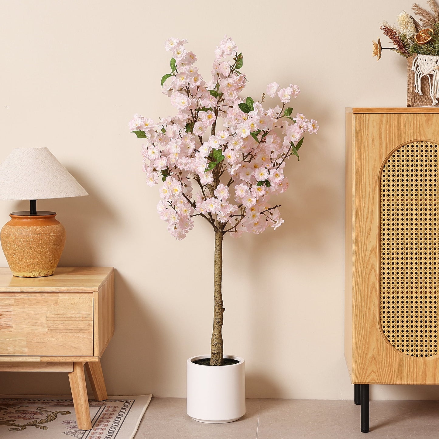 DR.Planzen 4.5ft Artificial Cherry Blossom Tree with White Planter, Tall Faux Flower Tree, Artificial Plants for Home Office Decor