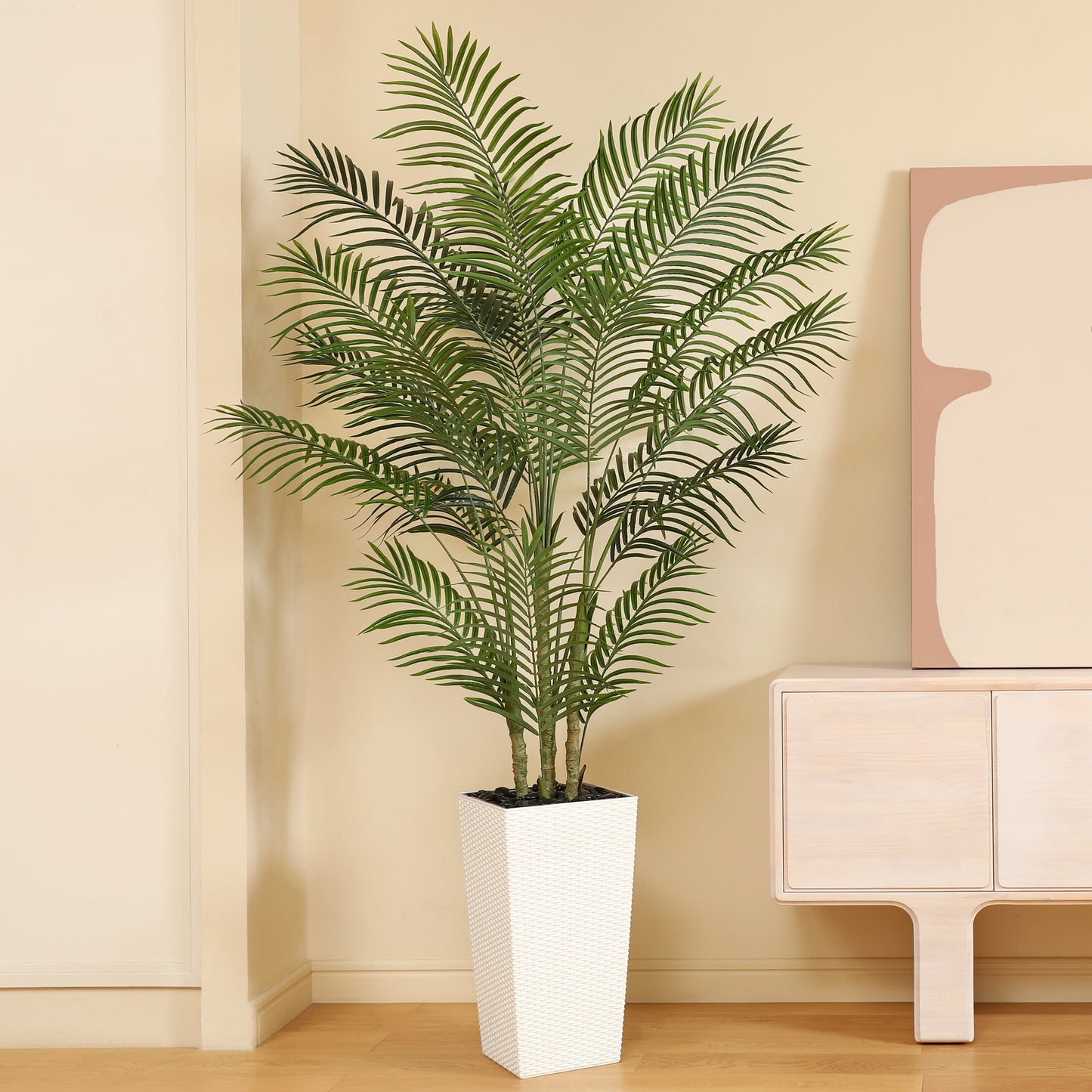 7ft UV Resistant Artificial Palm Plant with White Tall Planter, Pre Potted Fake Palm Plants for Indoor Outdoor Home Decor, Big Faux Plants Fake Plant for Office House Decor