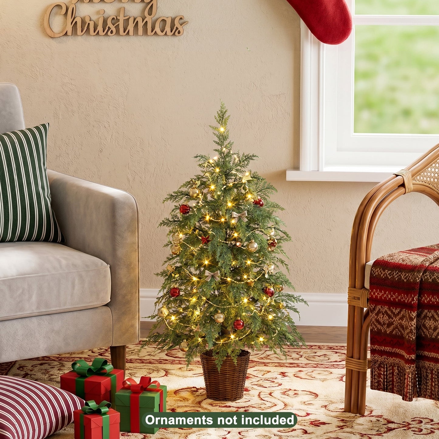 DR.Planzen 36" Pre-Lit Green Cypress Artificial Christmas Tree with 70 Warm White Twinkle LED Lights, Mini Tabletop Xmas Tree in Woven Basket Base, Indoor Desktop Holiday Decor
