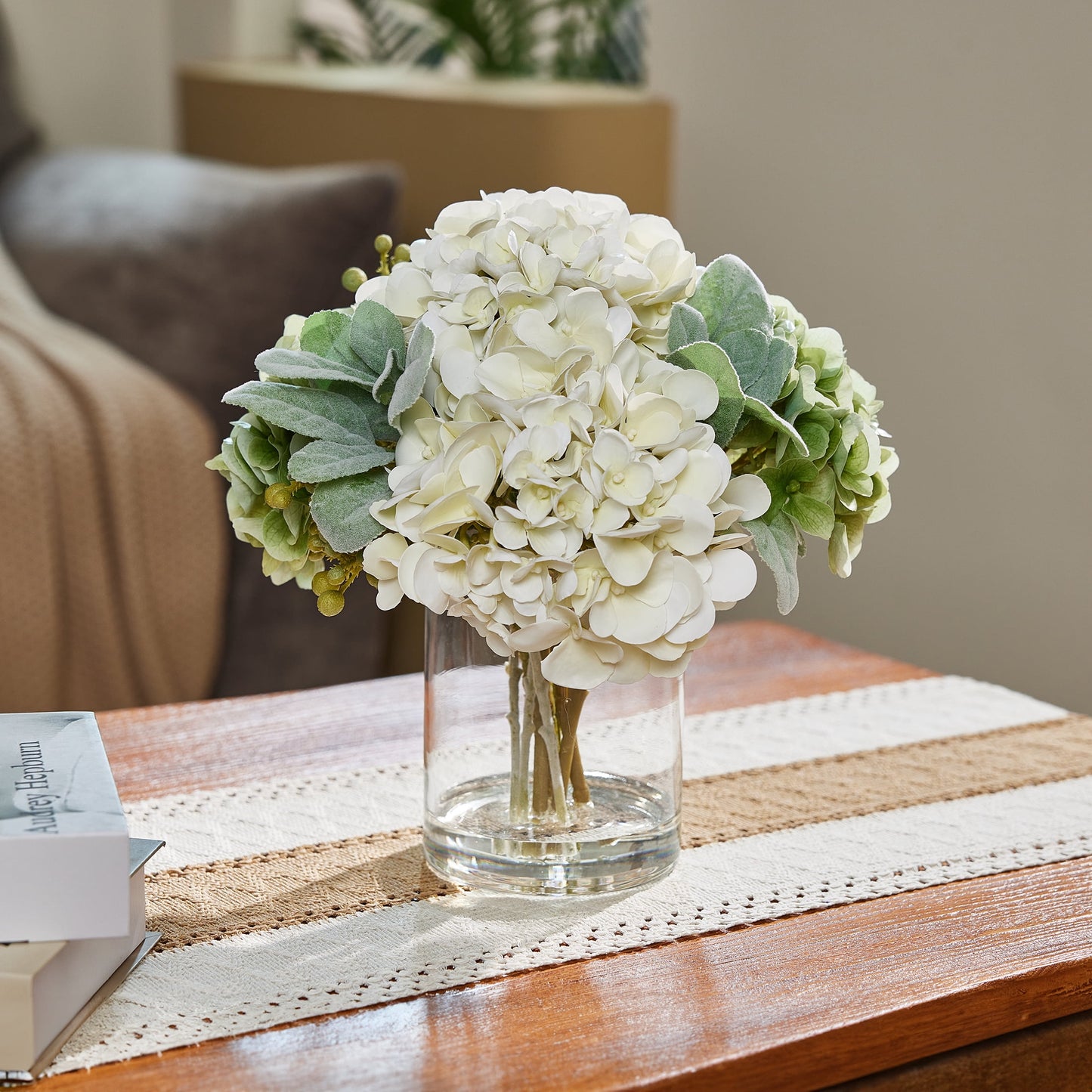 DR.Planzen Artificial Hydrangea Arrangement in Glass Vase, 8 Branches with White Flowers & Green Fruit, 12" Low-Maintenance Floral Centerpiece for Tabletop Home Office Decor