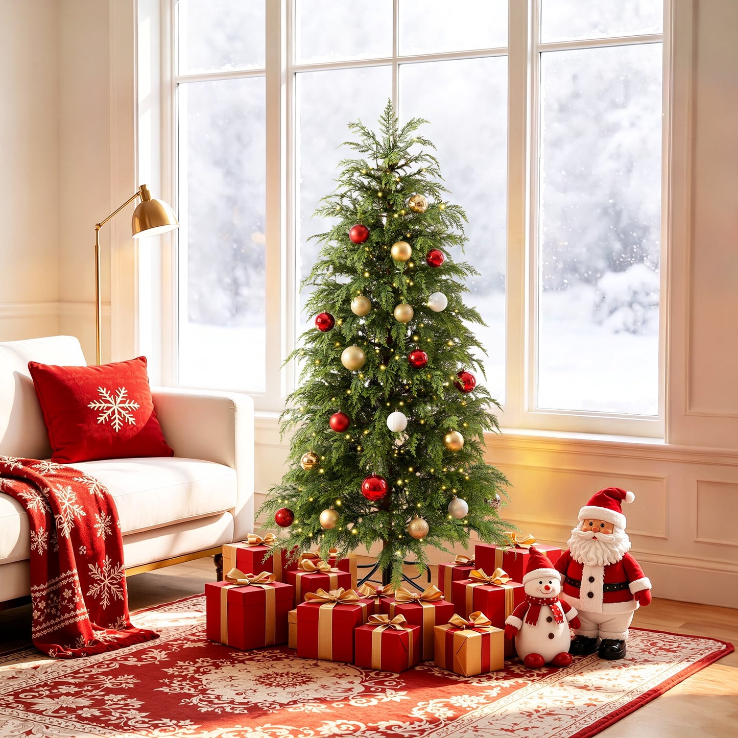 DR.Planzen 6' Pre-Lit Green Cypress Artificial Christmas Tree with 350 Warm White Twinkle LED Lights, Full-Bodied Xmas Tree with Metal Stand, Indoor Holiday Decoration