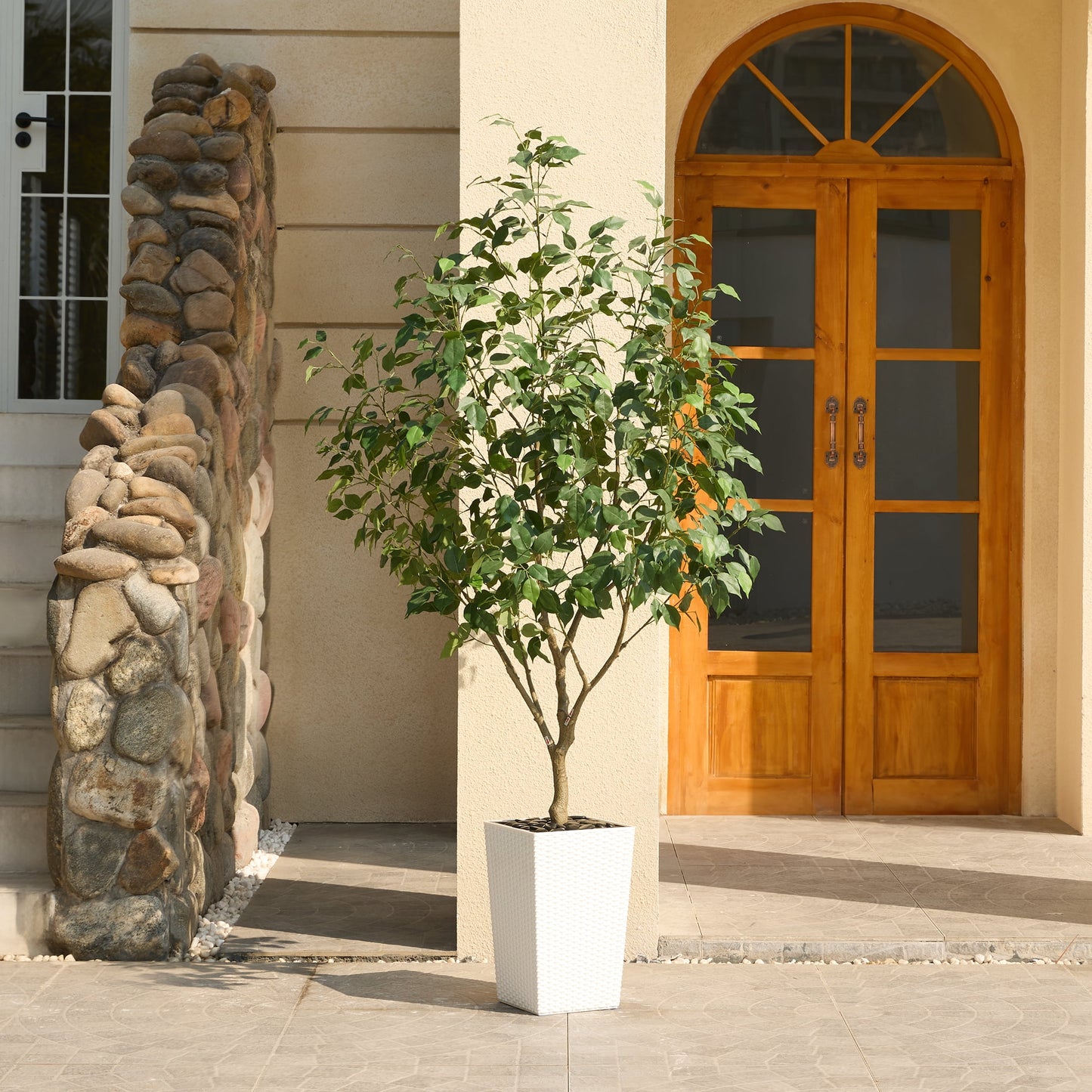 DR.Planzen Artificial Ficus Tree 6ft - UV Protected Faux Ficus Plant with Adjustable Branches and Realistic Green Leaves for Indoor & Outdoor Decor, White Large Planter with River Rocks