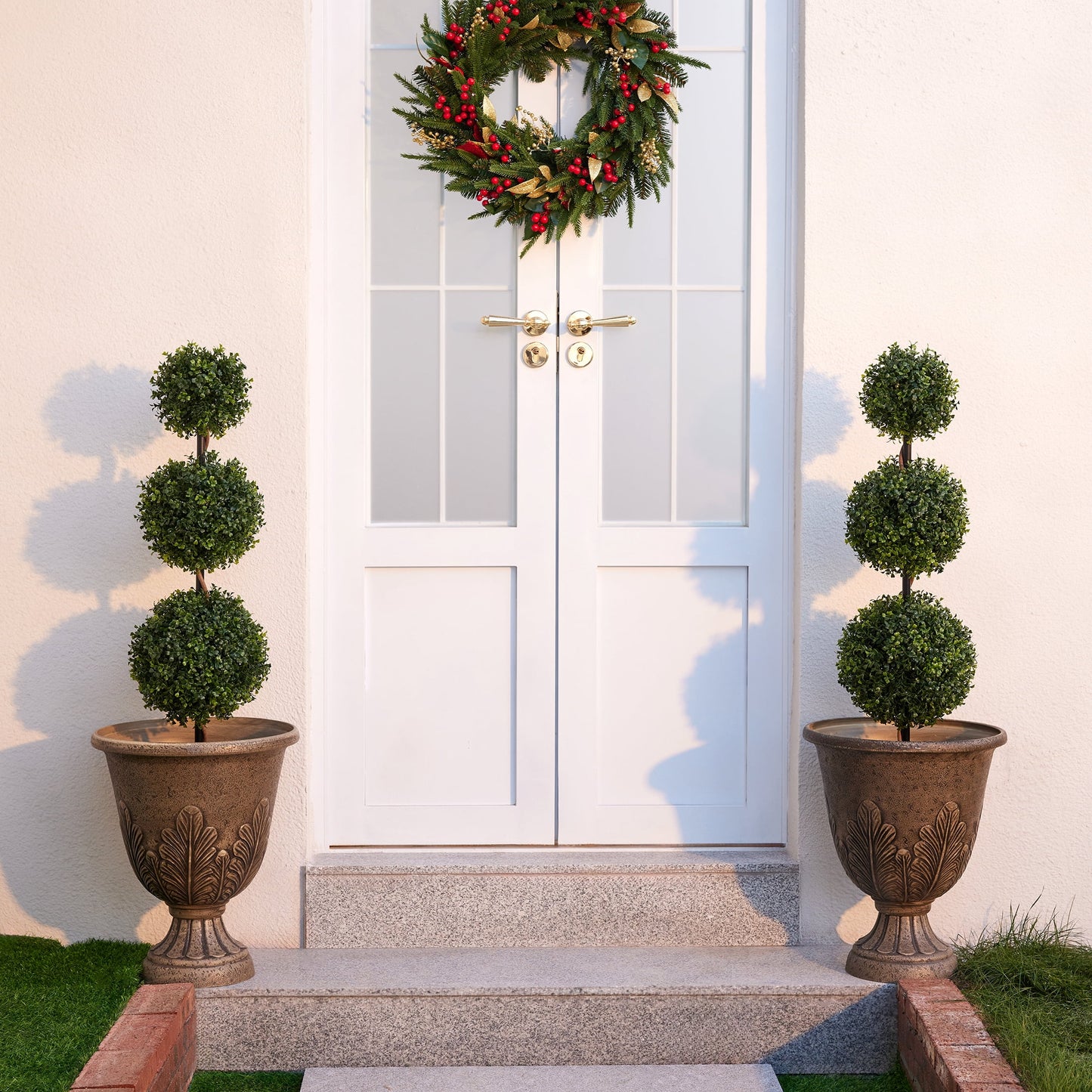 DR.Planzen 3ft Artificial Triple Ball Boxwood Topiary Tree, Realistic Faux Topiary Tree Indoor Outdoor, Low Maintenance Artificial Greenery for Patio Front Door Home Office