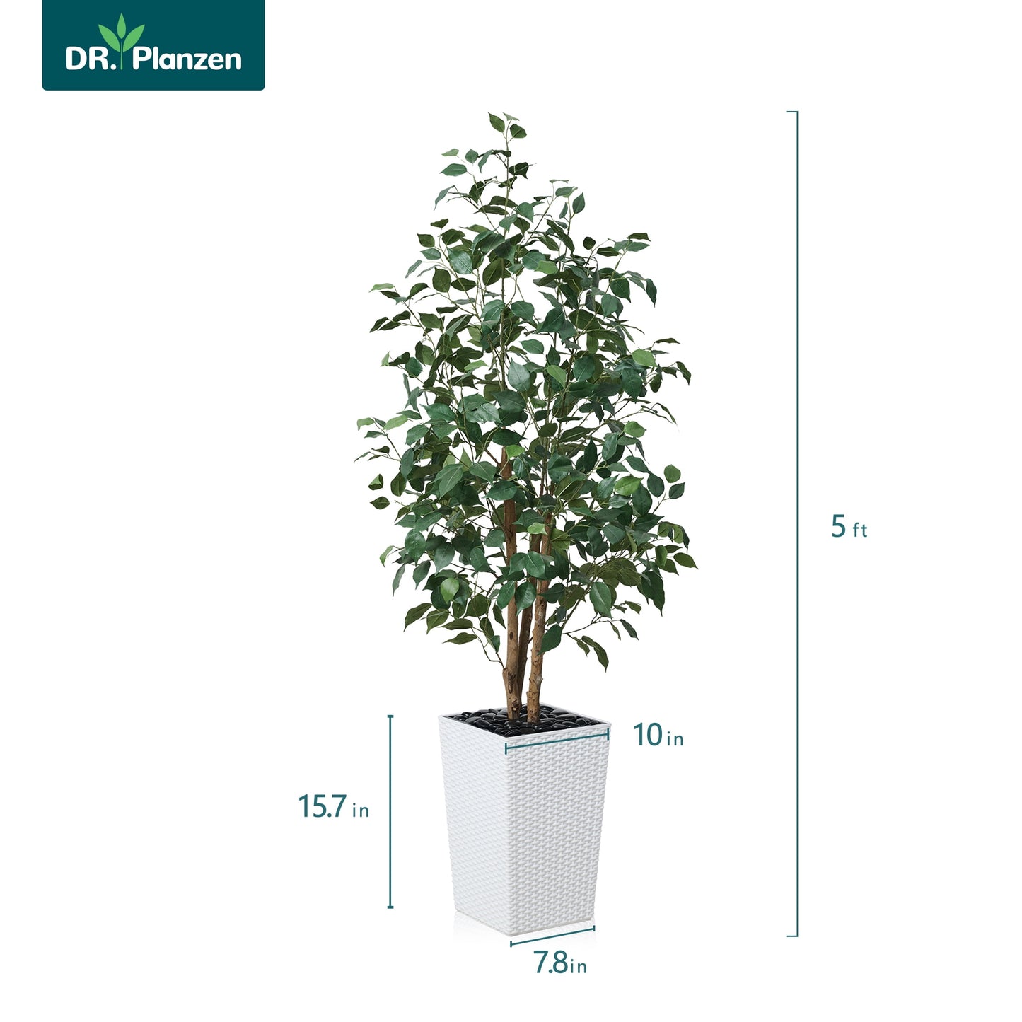 DR.Planzen Artificial Ficus Tree 5ft - UV Protected Faux Ficus Plant with Adjustable Branches and Realistic Green Leaves for Indoor & Outdoor Decor, White Large Planter with River Rocks