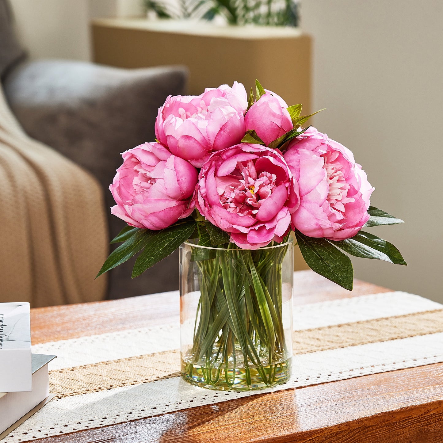 DR.Planzen Peach-Red Artificial Peony Plant in Vase, 9 Bloom & 82 Leaves Silk Flower Arrangement with Faux Water, 12¡± Home Office Table Decor
