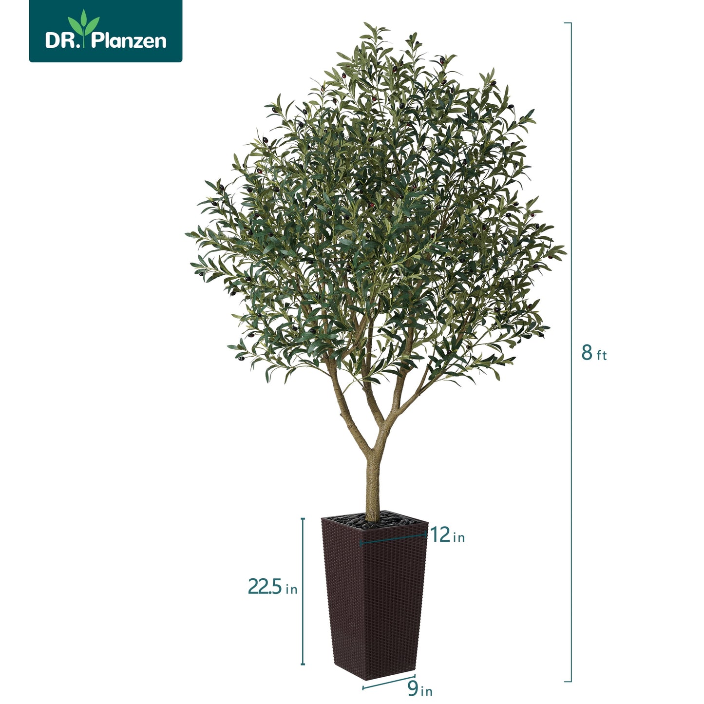 DR.Planzen UV Resistant 8ft Artificial Olive Tree in Brown Large Planter with Pebbles¨C Faux Olive Tree for Indoor and Outdoor Decor, Lifelike Greenery for Home & Garden Decor