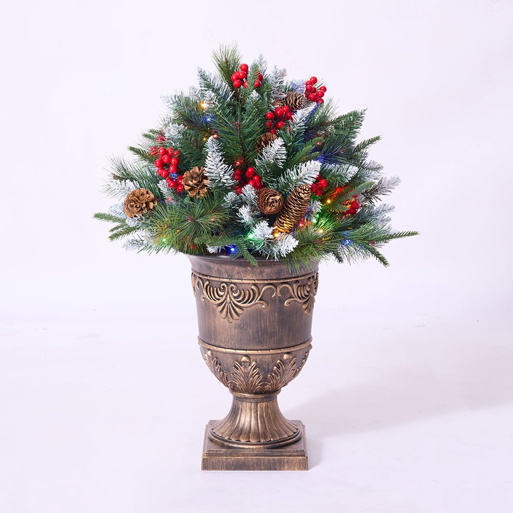 DR.Planzen 28in Pre-Lit Mini Artificial Christmas Tree with Urn Base, 8 Lighting Modes LED, Flocked Branches with Pinecones Red Berries for Front Porch Entrance Home Holiday Decorations
