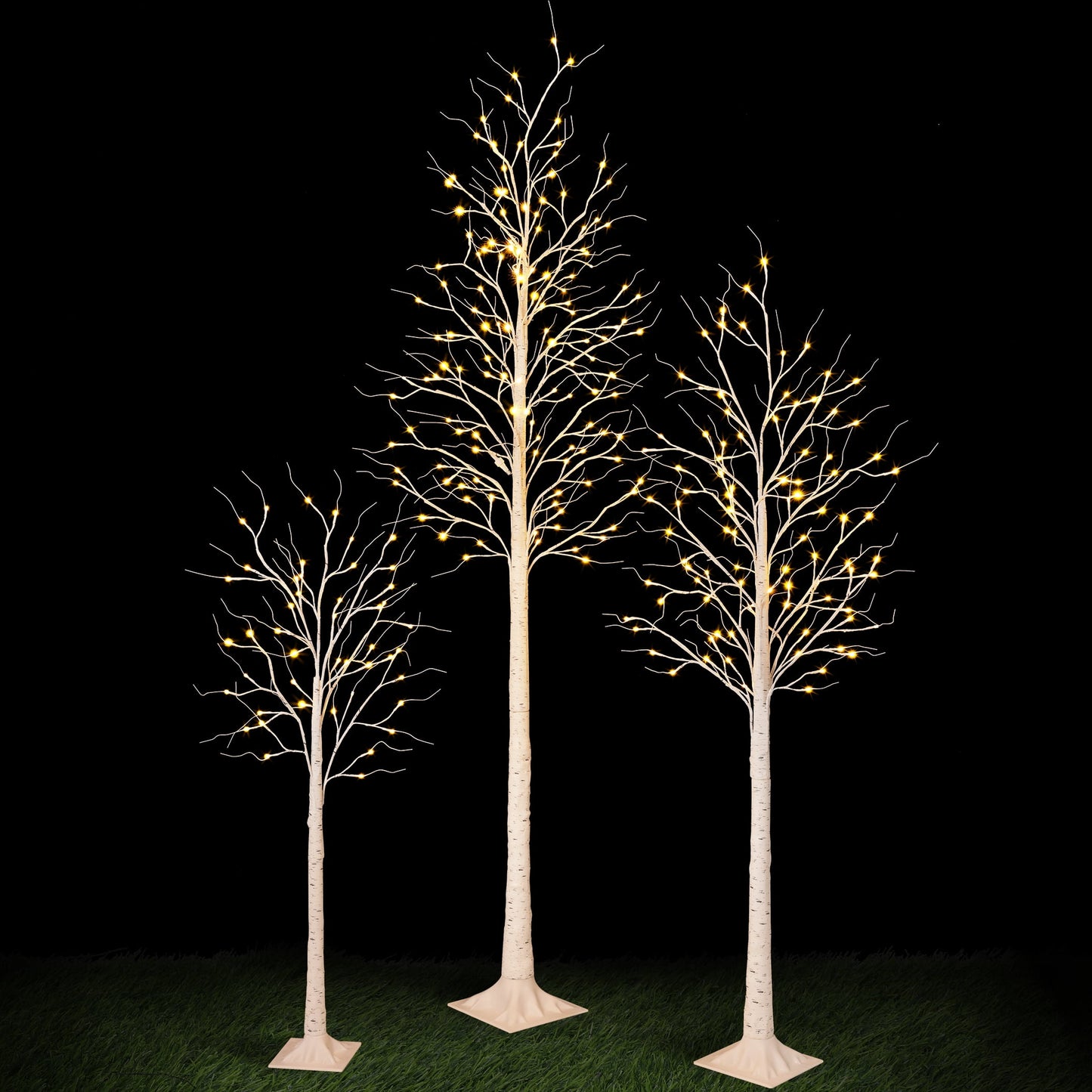 LED Birch Tree Light Set - 4ft, 6ft, 8ft Artificial Pre-lit Trees - with Plug-in Warm Lights - Indoor Outdoor Christmas Holiday Wedding Decor for Home Party (3-Pack)