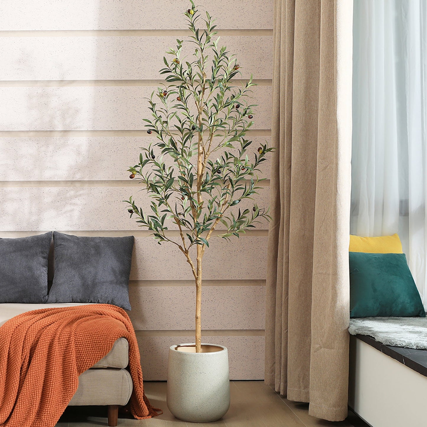DR.Planzen 2 Pack 6ft Artificial Olive Tree Indoor, Tall Faux Olive Tree, Artificial Plants with Natural Wood Trunk and Lifelike Fruits for Home Office Decor