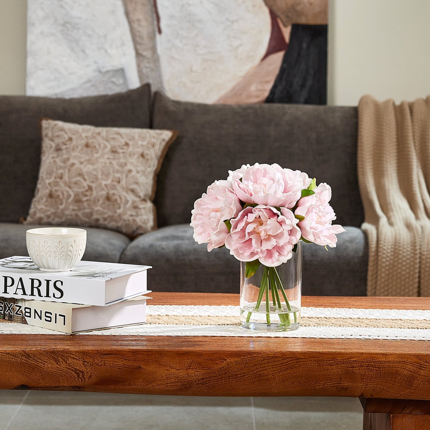 DR.Planzen Artificial Pink Peony Bouquet in Cylinder Vase with Faux Water, 6 Stems with 6 Realistic White Peony Blooms, 10.6" Tall Ready-to-Use Home Office Centerpiece Decor