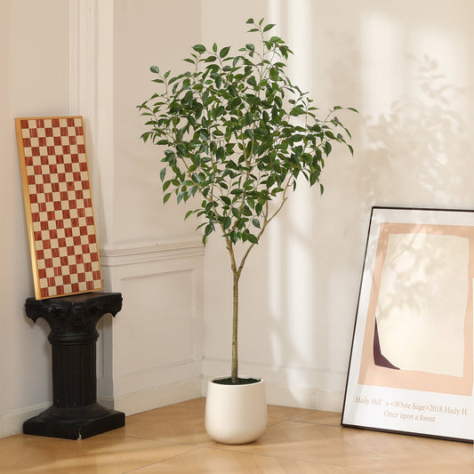 6ft Fake Ficus Tree with Oval White Planter, Pre Potted Faux Greenry Plant for Home Decor Office House Living Room Indoor Outdoor, Big Fake Plants Fake House Plants