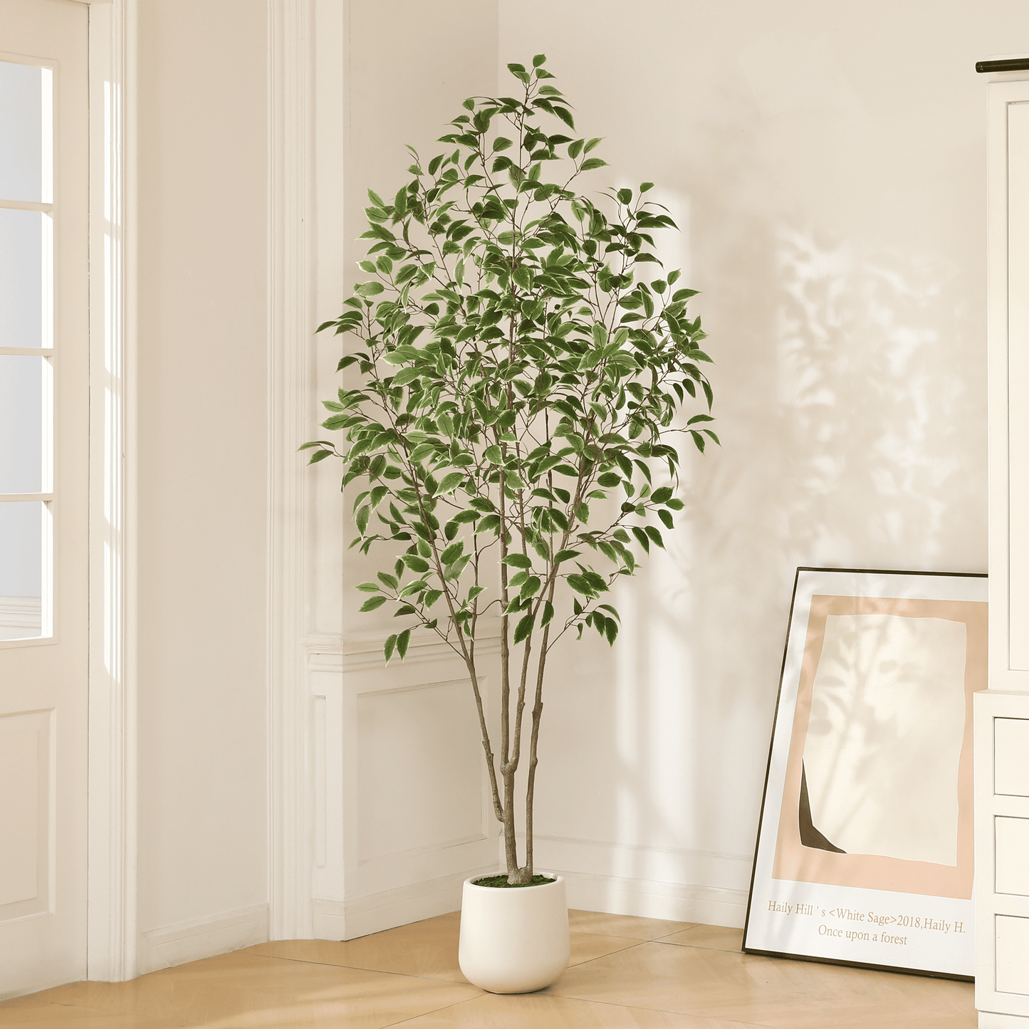 7FT Artificial White-Edged Ficus Elastica in Oval White Pot, Perfect for Home or Office Decor, Easy Disassembly and Assembly