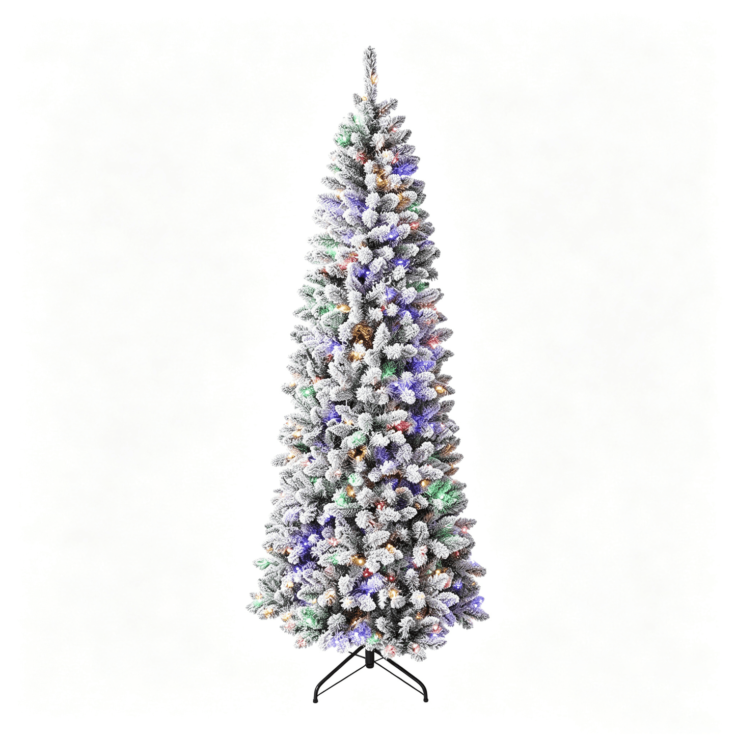 DR.Planzen 7ft Prelit Snow Flocked Slim Christmas Tree - Pencil Artificial Tree with 380 Dual Color LED Lights, 9 Modes and 953 Adjustable Branches for Apartments, Living Rooms