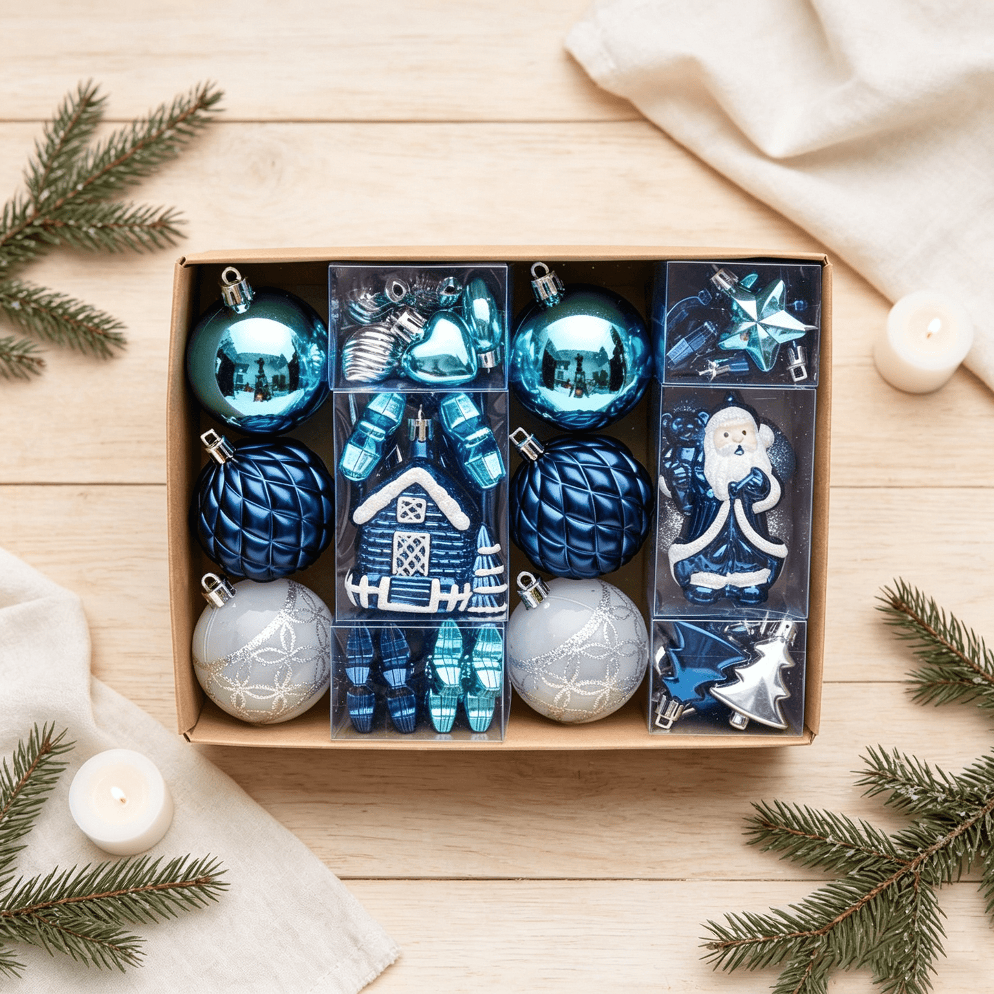 DR.Planzen 44ct Blue & White Christmas Ornaments Set, Assorted 2.36" & 1.18" Embossed Glazed Holiday Balls with Snowflakes & Stars, Indoor Winter Decor