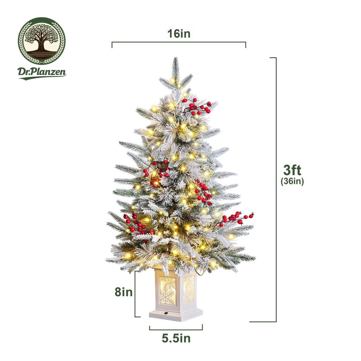 DR.Planzen 3FT Pre-Lit Artificial Christmas Tree with Warm White Lights, Red Berries and White Base, Indoor Holiday Decoration