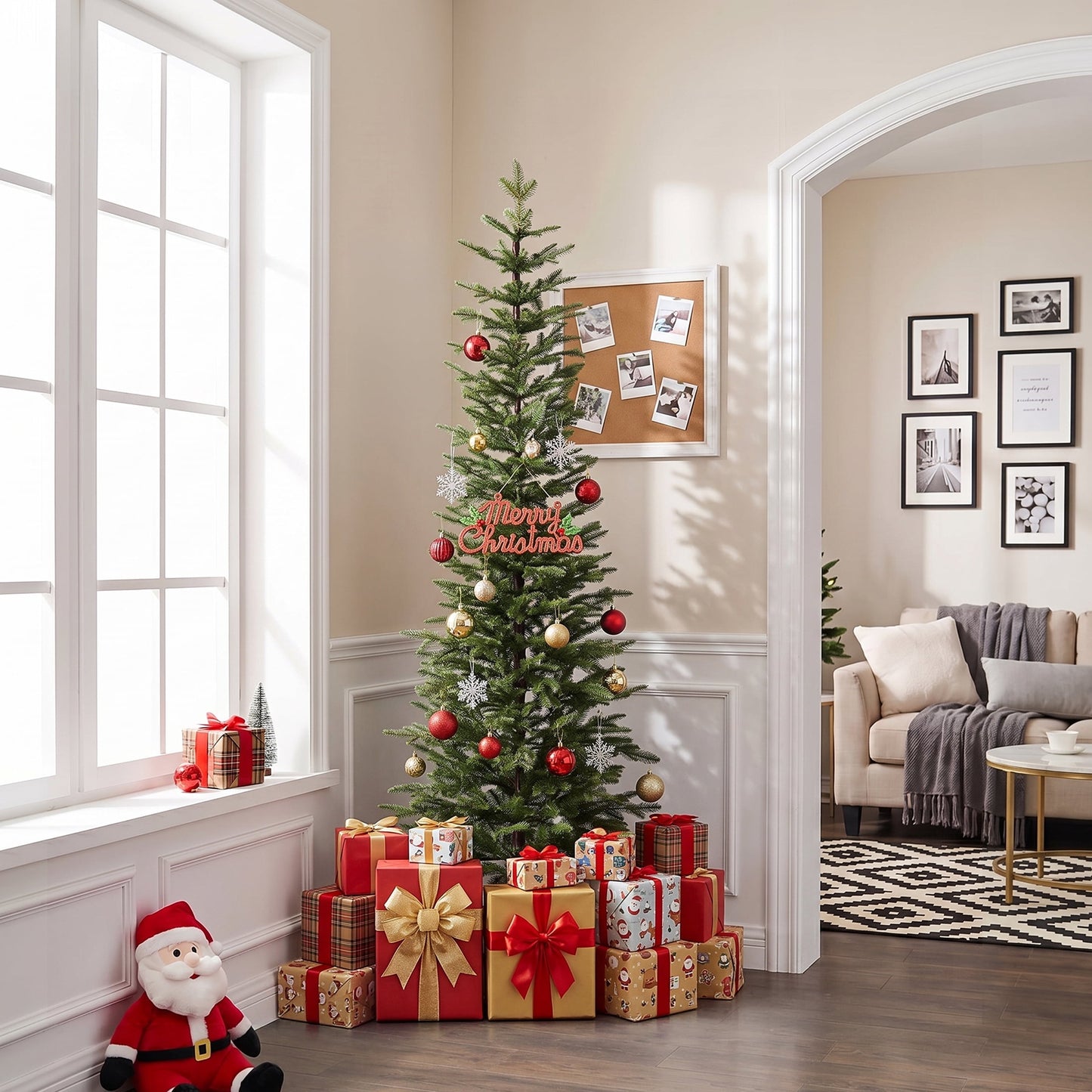 DR.Planzen 6ft Prelit Pencil Christmas Tree with 150 Warm White LED Lights, 1571 PE Branch Tips, Iron Base, Slim Artificial Christmas Tree for Apartment, Entryway, Corner, Office