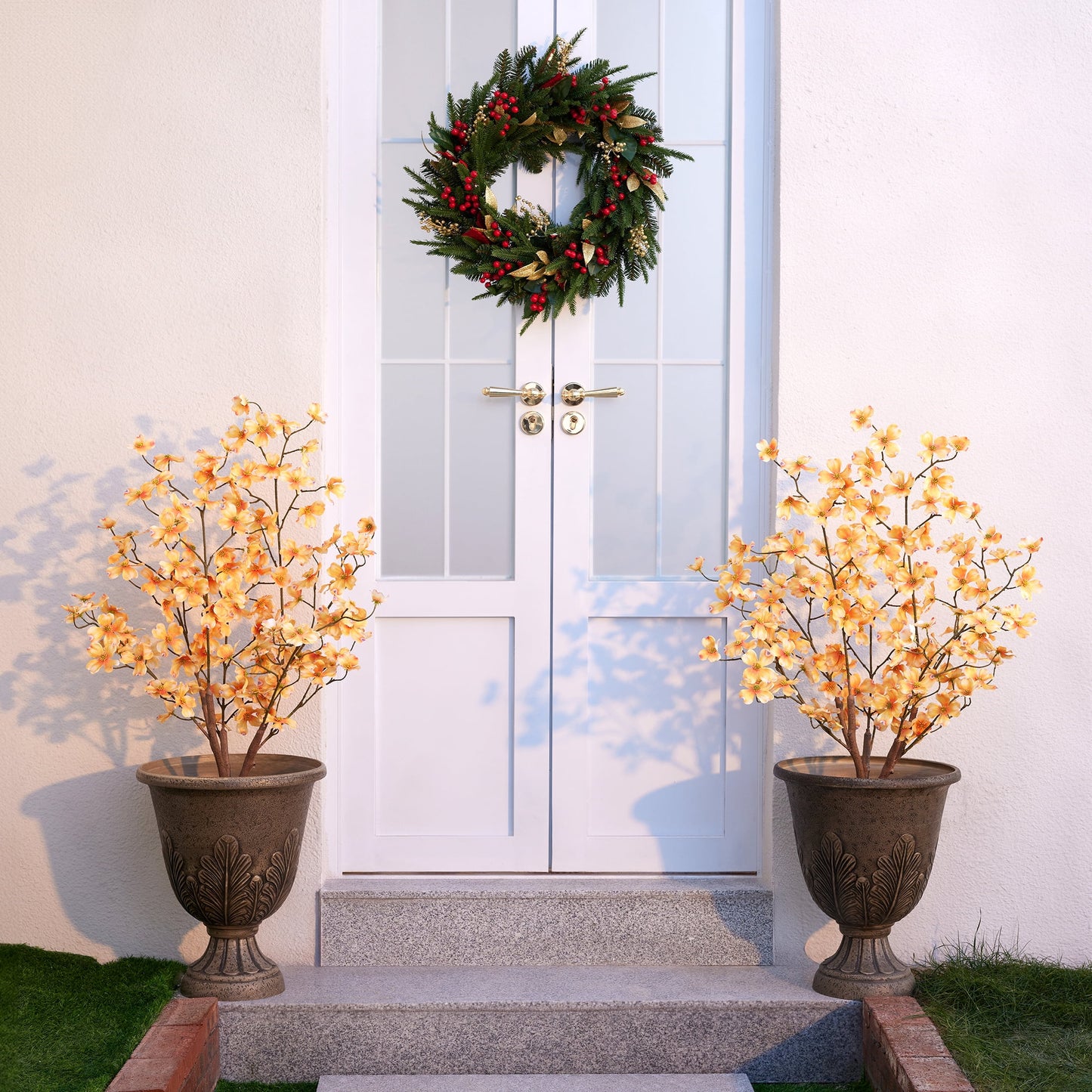 DR.Planzen 3ft Artificial Yellow Dogwood Tree, Lifelike Faux Dogwood Flower Tree with Green Leaves for Home Decor Indoor Outdoor, Spring Decoration for Living Room Office