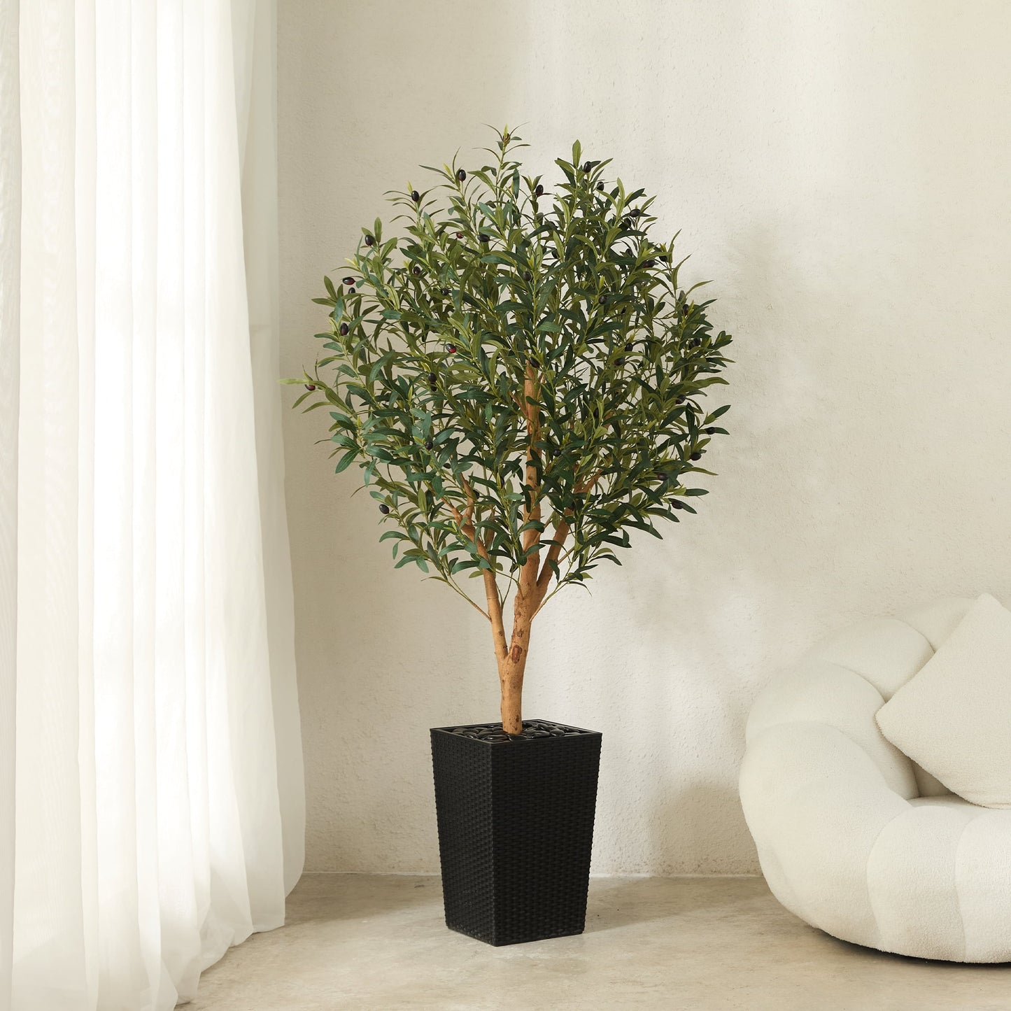 DR.Planzen UV Resistant 5ft Artificial Olive Tree with Natural Wood Branches and Realistic Silk Leaves,Faux Olive Tree for Indoor and Outdoor Decor - Black Large Planter with Pebbles