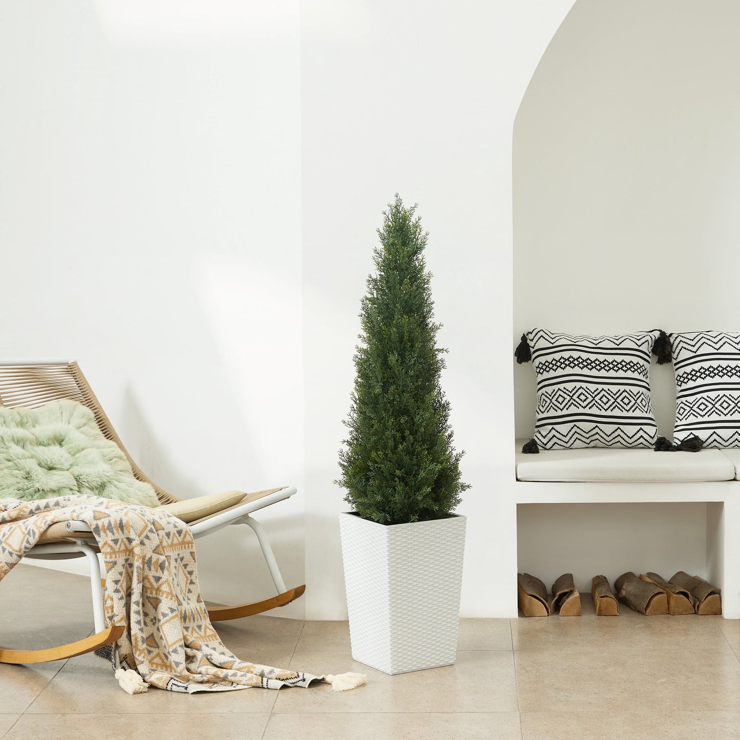 DR.Planzen 4ft Artificial Cedar Topiary Tree with White Planter - UV Resistant Faux Cypress Tree for Porch Decor Fake Pine Tree for Perfect Housewarming Gift