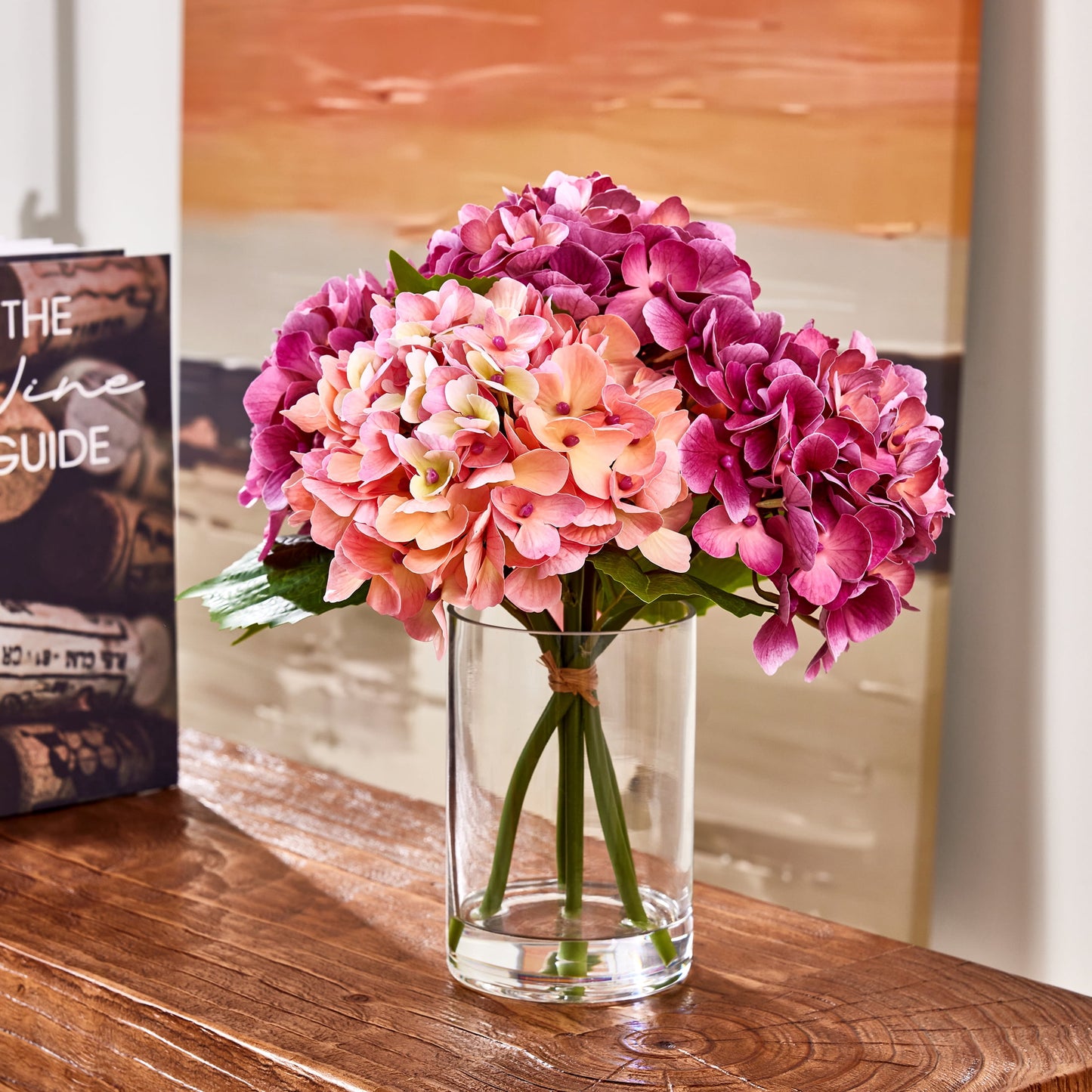DR.Planzen 13in Artificial Hydrangea Flowers with Vase - Red and Pink Faux Hydrangea Flowers, Clear Glass Vase with Faux Water, Table Centerpiece for Home Decor, Office, Wedding Party