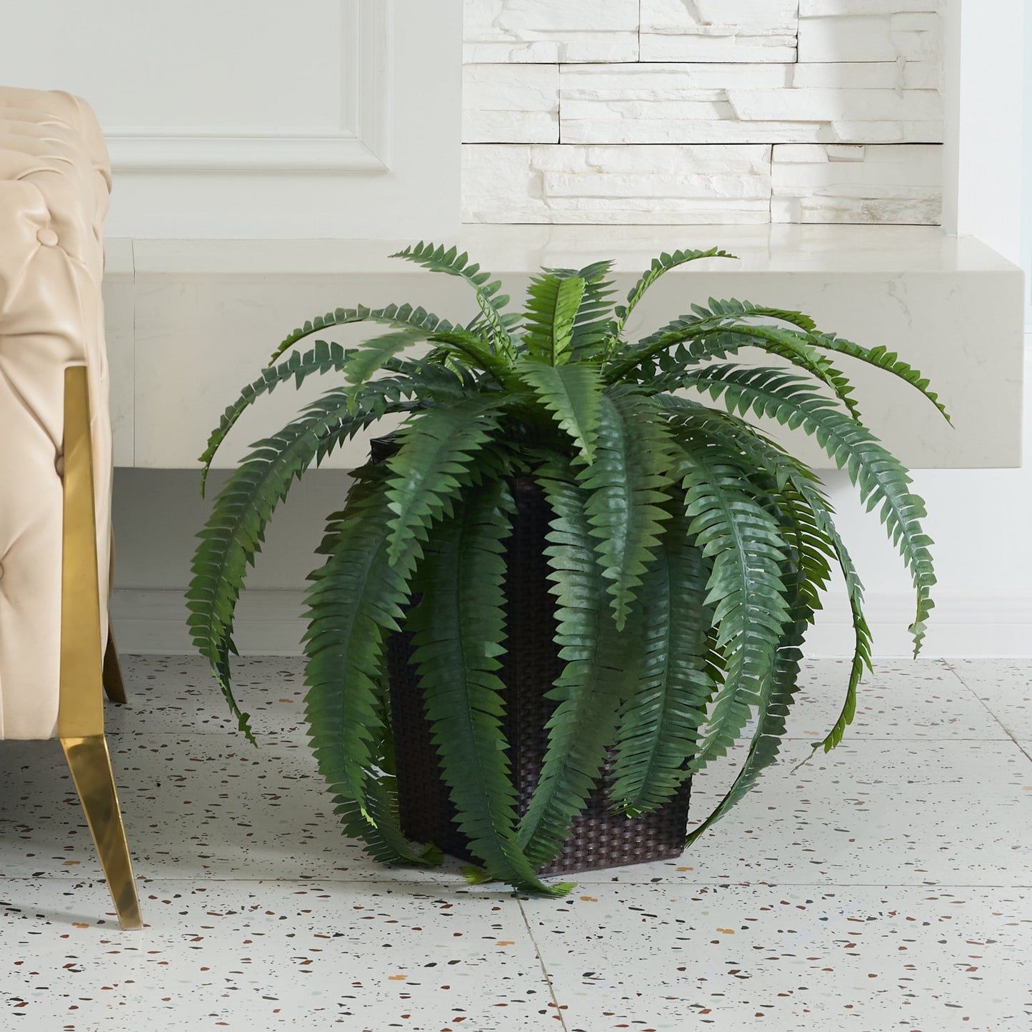 DR.Planzen 2 Pack Artificial Boston Fern Bush Plant with Brown Tapered Planter - UV Resistant Faux Ferns with 33 Leaves